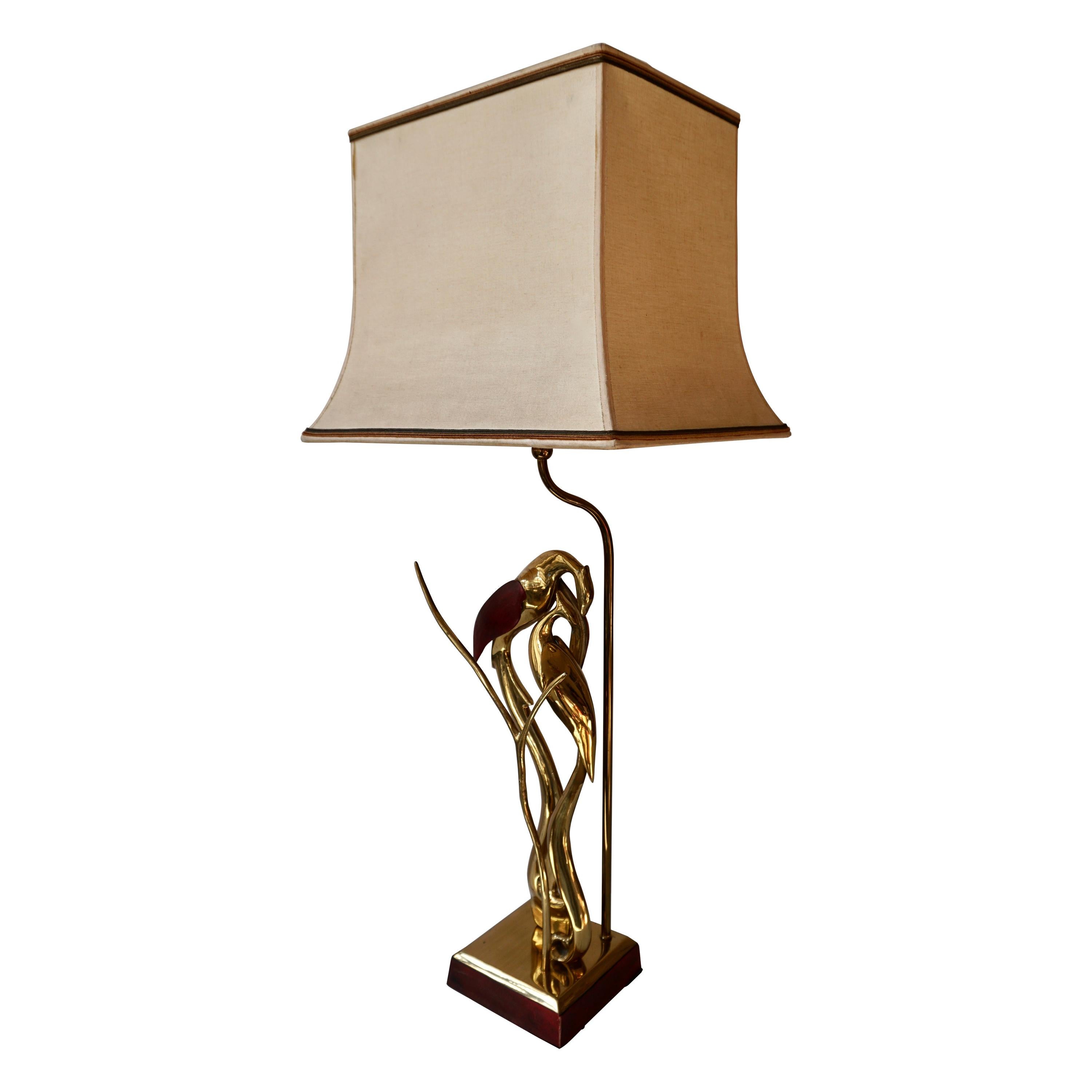 Sculptural Table Lamp with Birds in Brass and Leather, 1970s