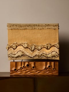 Sculptural Table Lamp with Handwoven Shade and Carved Wood Base