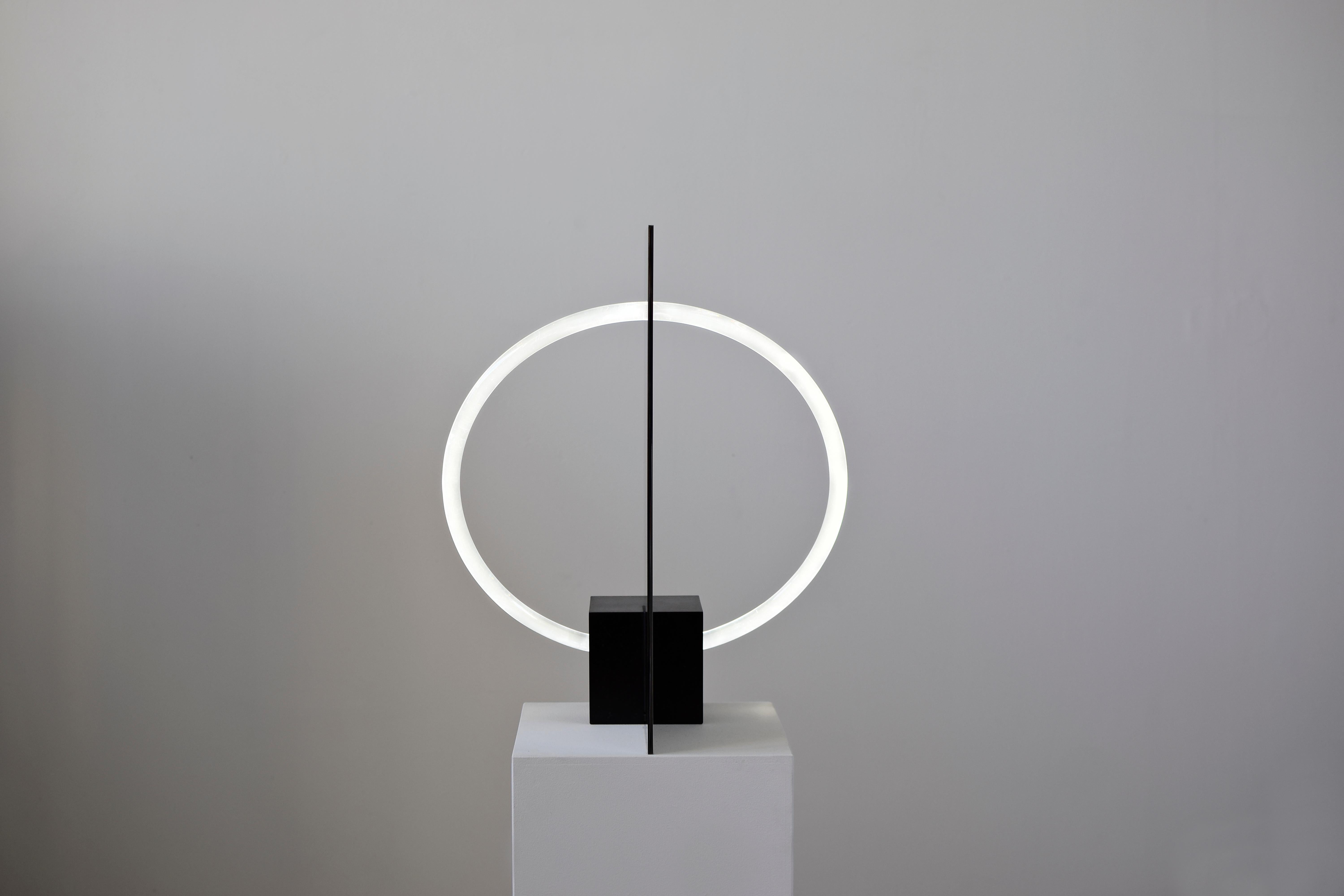 Sculptural lamp with mirror, Maximilian Michaelis

Title: The elusive nature of perception, No. 01

Measures: ca. 46 x 56 x 29 cm

Material: polished stainless steel, Belgian bluestone, acrylic glass, Led

The basis and inspiration for