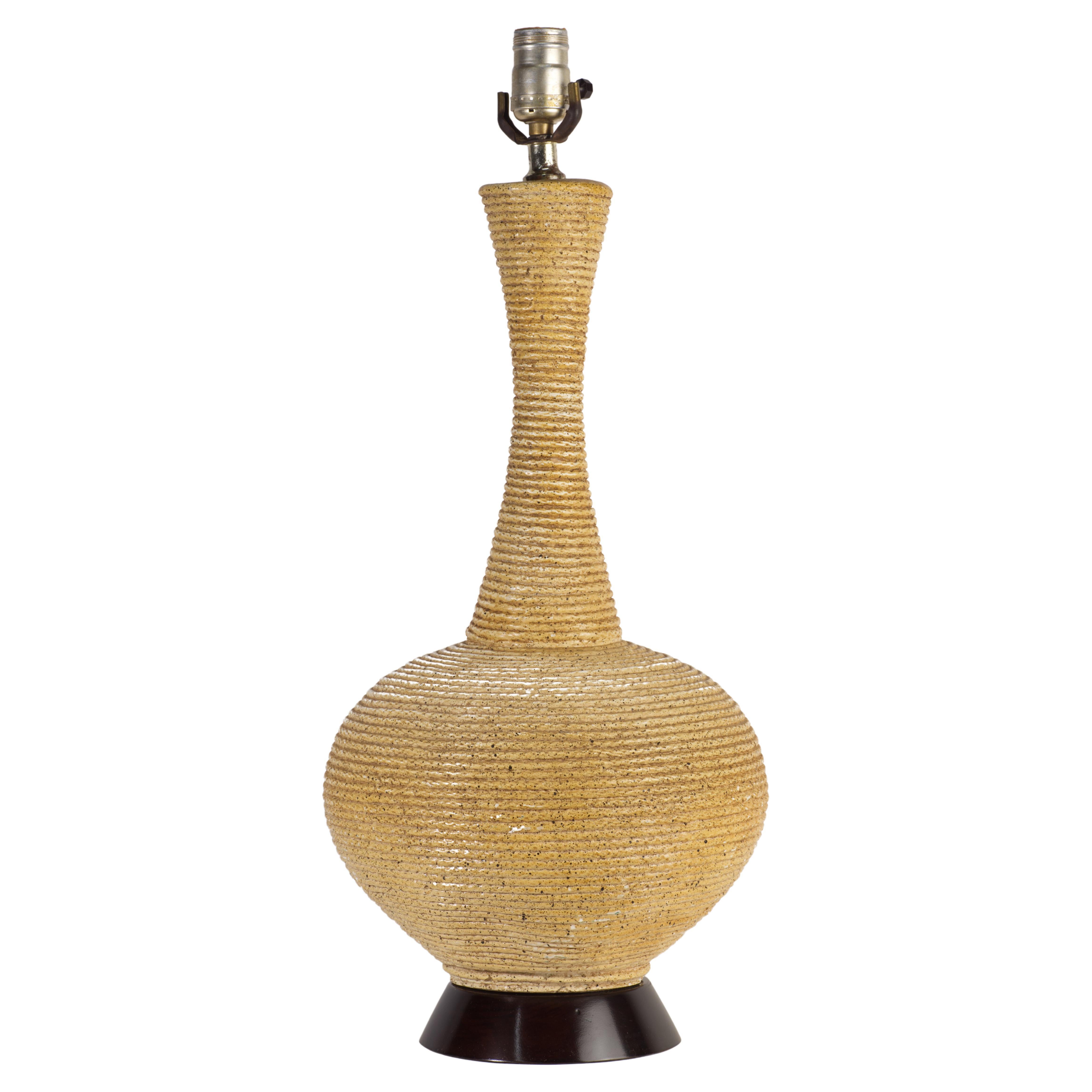 Sculptural Table Lamp with Rope Texture, Ceramic and Wood, Mid Century Modern