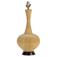 Sculptural Table Lamp with Rope Texture, Ceramic and Wood, Mid Century Modern