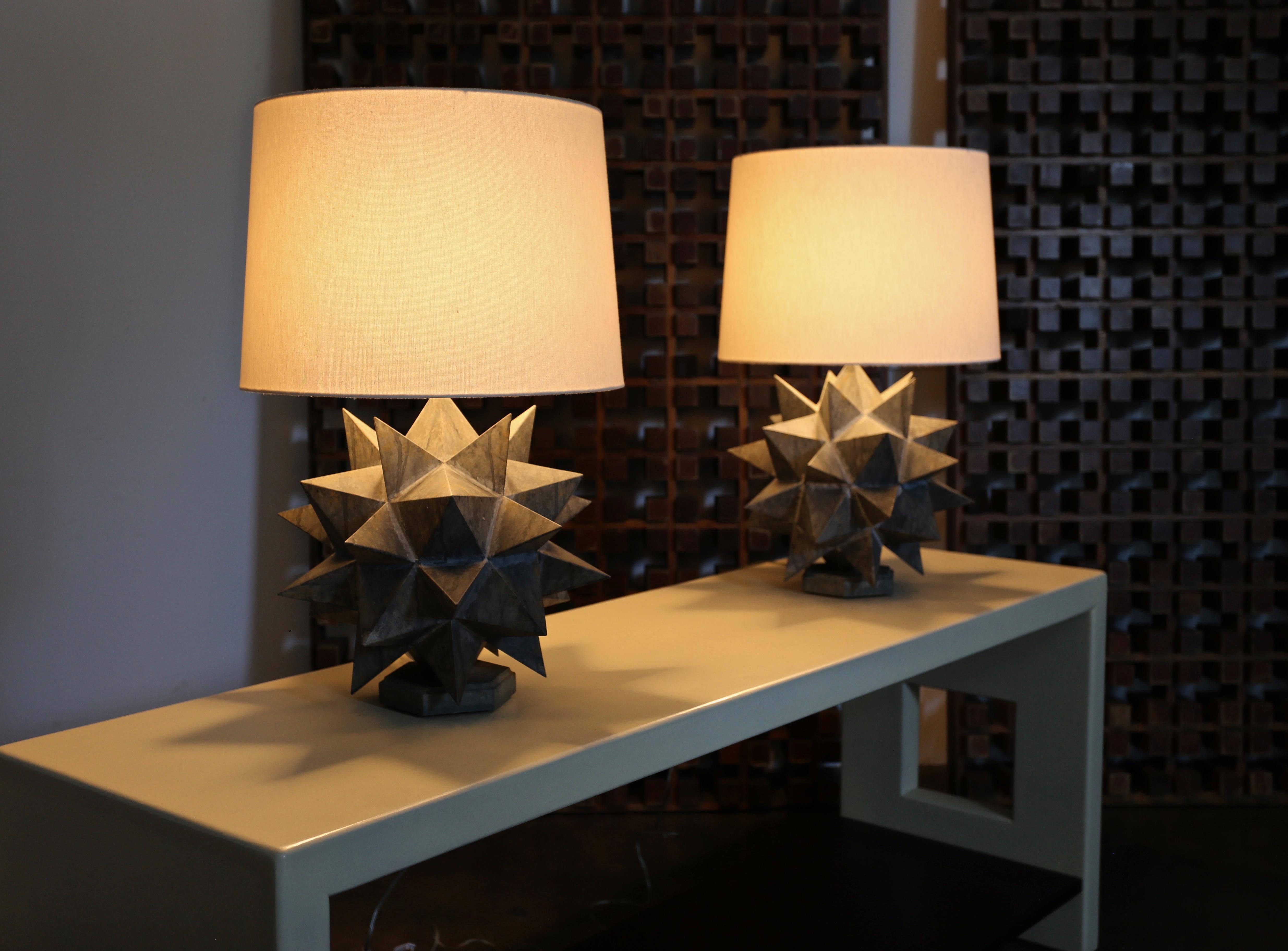 Pair of hand built sculptural table lamps, circa 1965.

Thin gauge welded metal construction.

Listed measurements include the shade.