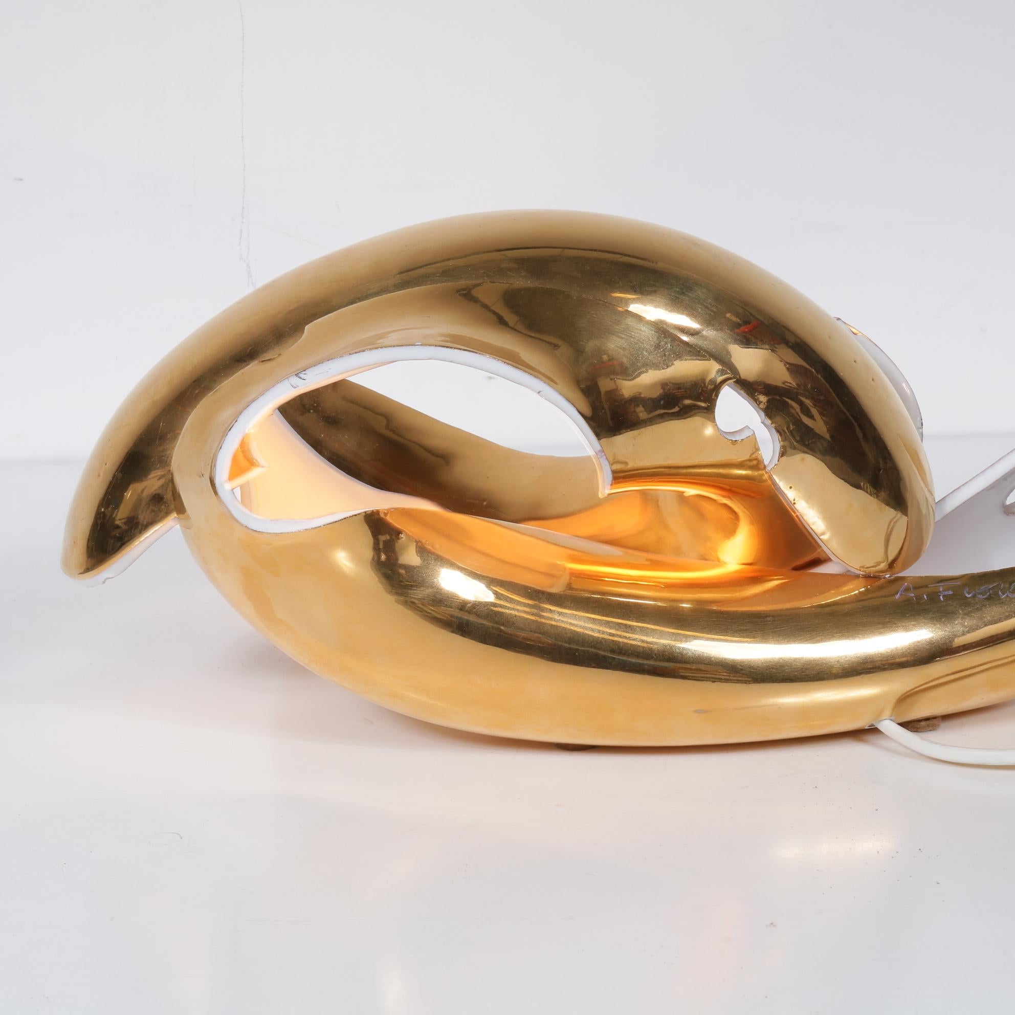Gold Plate Sculptural Table Light by Amadeo Fiorese for Cermiche Fiorese, Italy 1960 For Sale