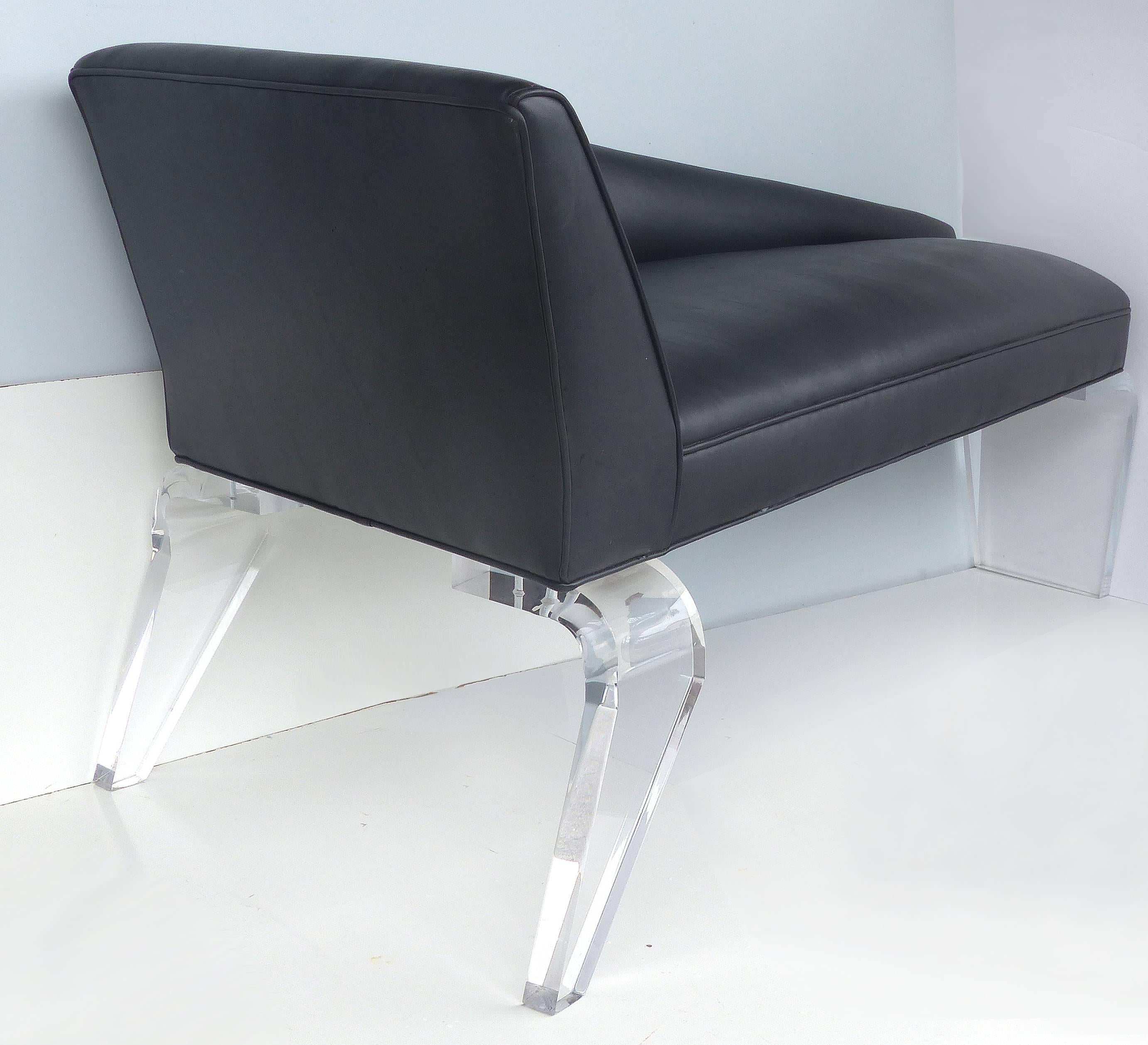 Modern Sculptural Tapered Chaise with Leather Upholstery and Lucite Legs