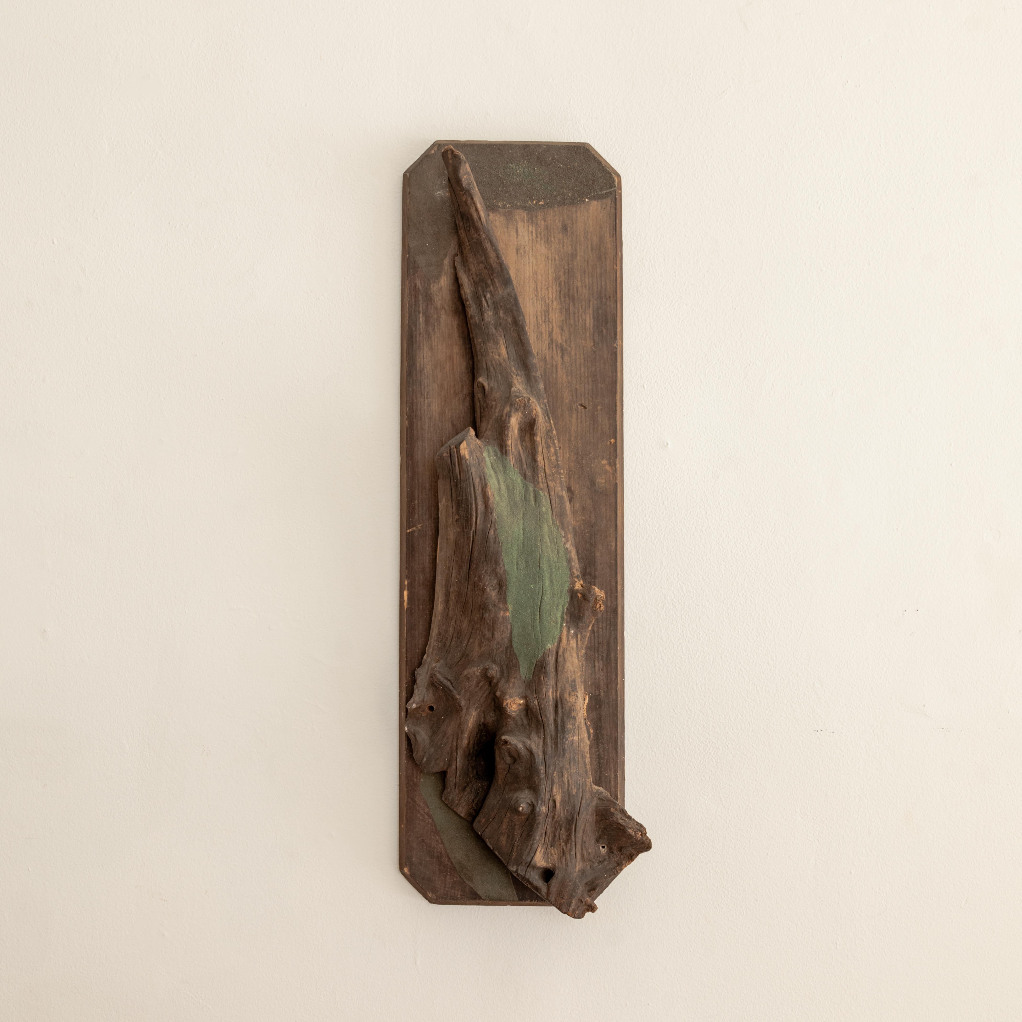 Montura escultórica de taxidermia de madera convertida en arte de pared dimensional.