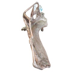 Sculptural Teak Root Slab Garden Bench w Carved Running Horses