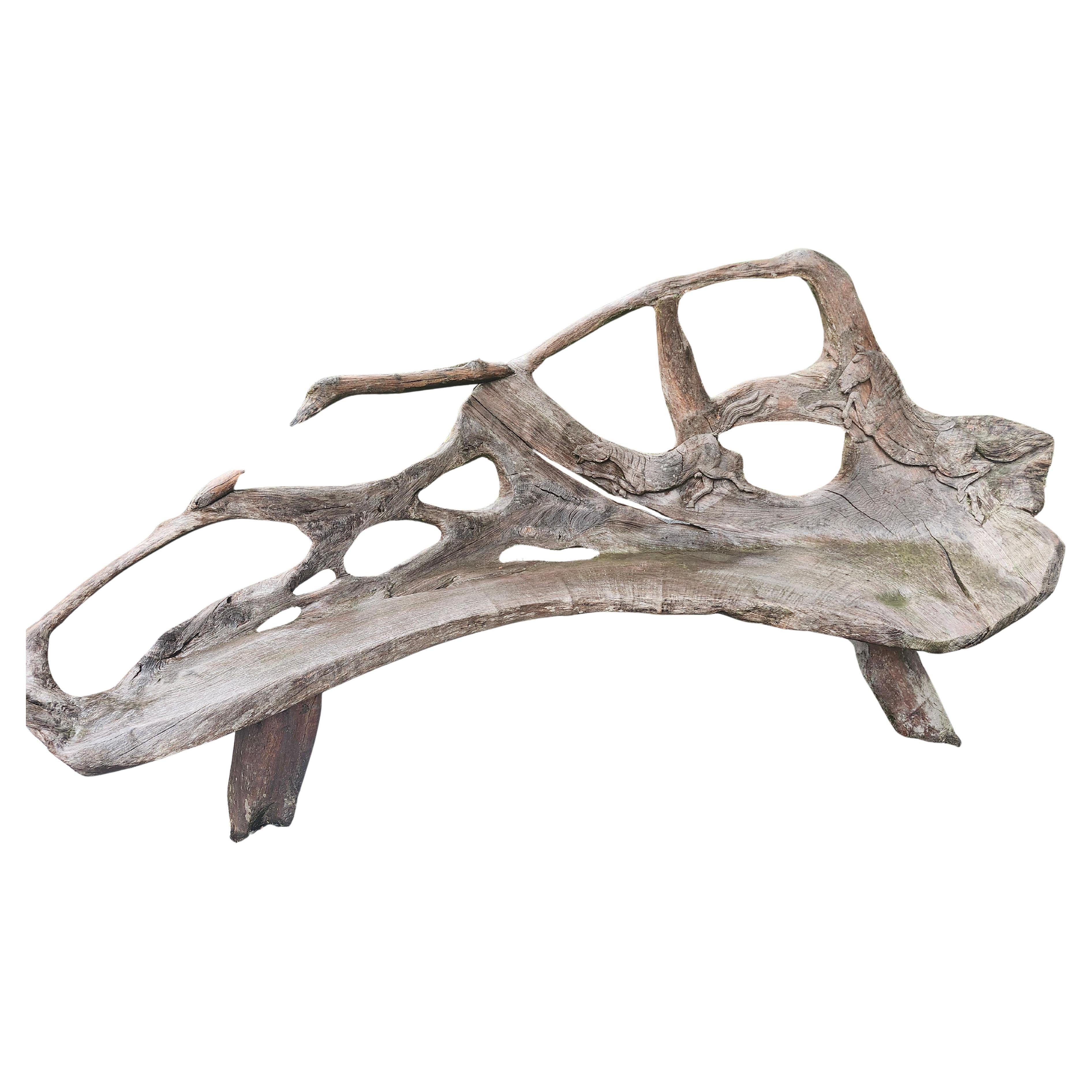 Stile Adirondack Panchina da giardino scultorea in teak con cavalli in corsa scolpiti in vendita