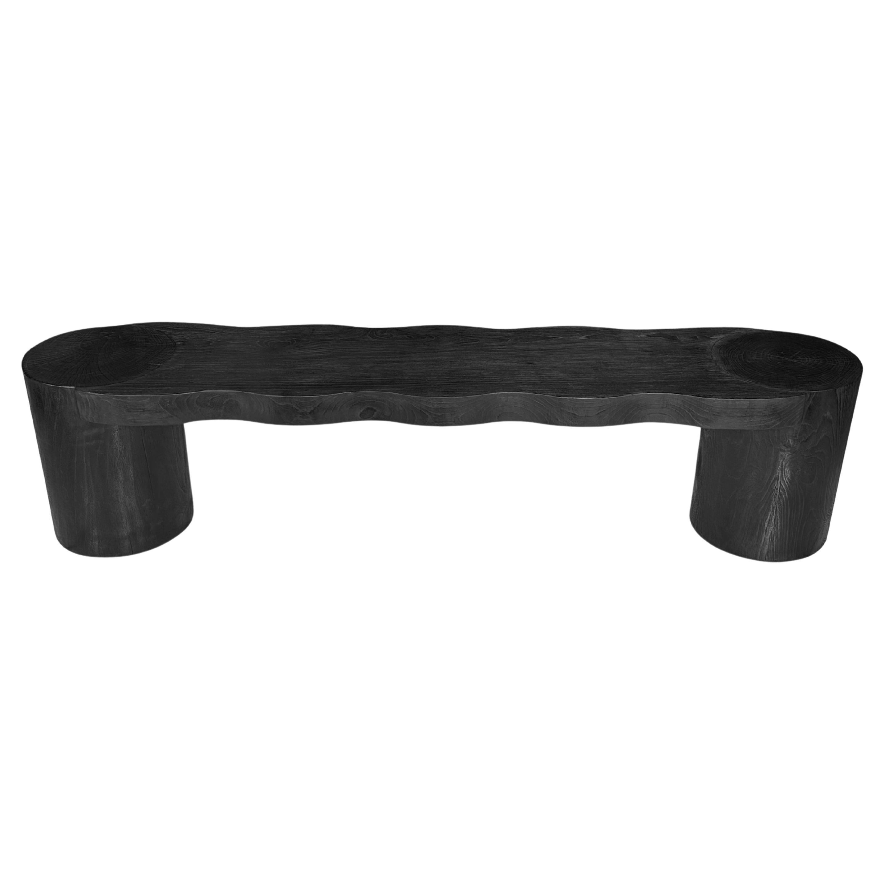 Sculptural Teak Wood Bench, Modern Organic, Burnt Finish