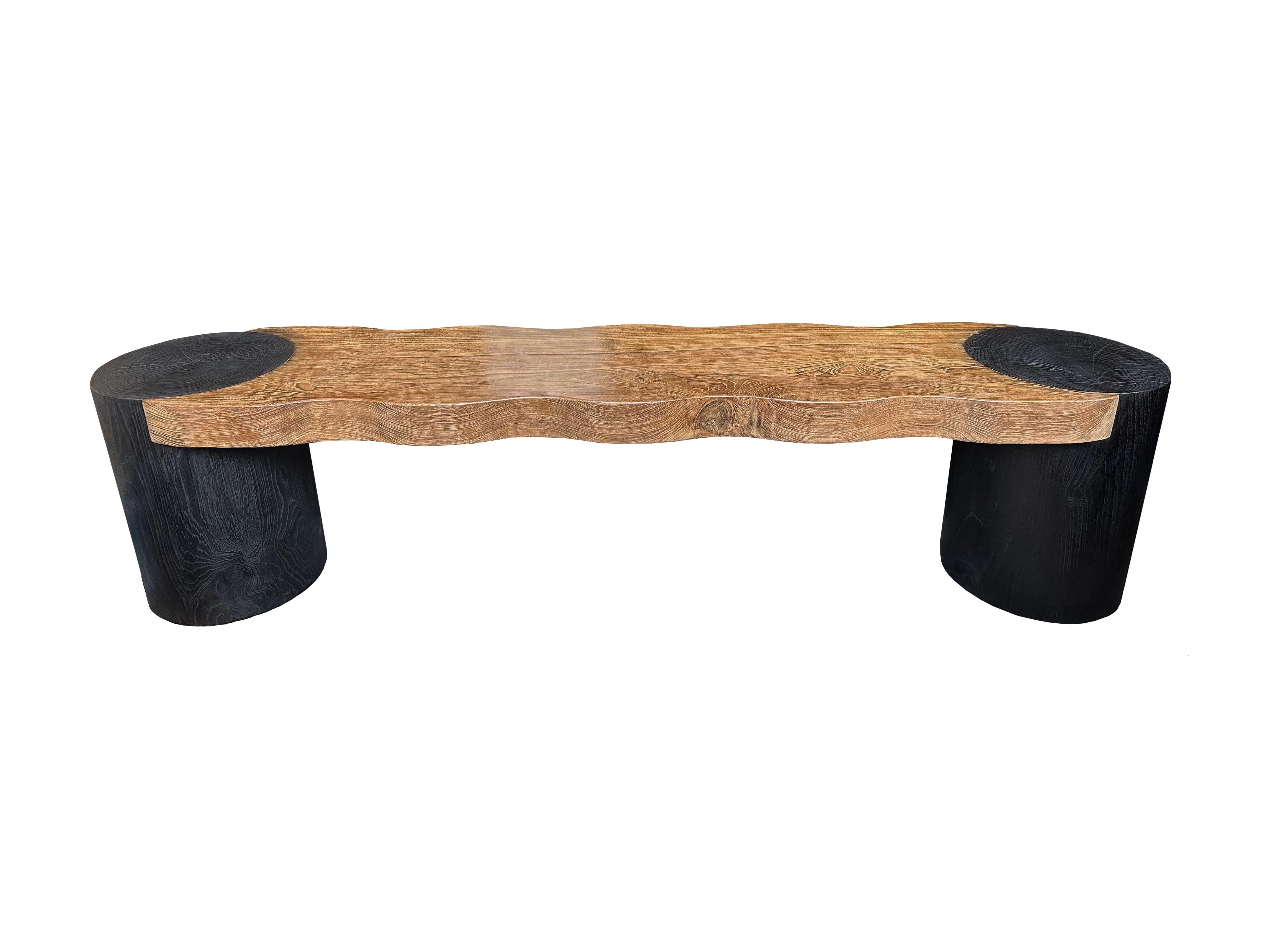 Organic Modern Sculptural Teak Wood Bench, Modern Organic, Burnt & Natural Finish For Sale