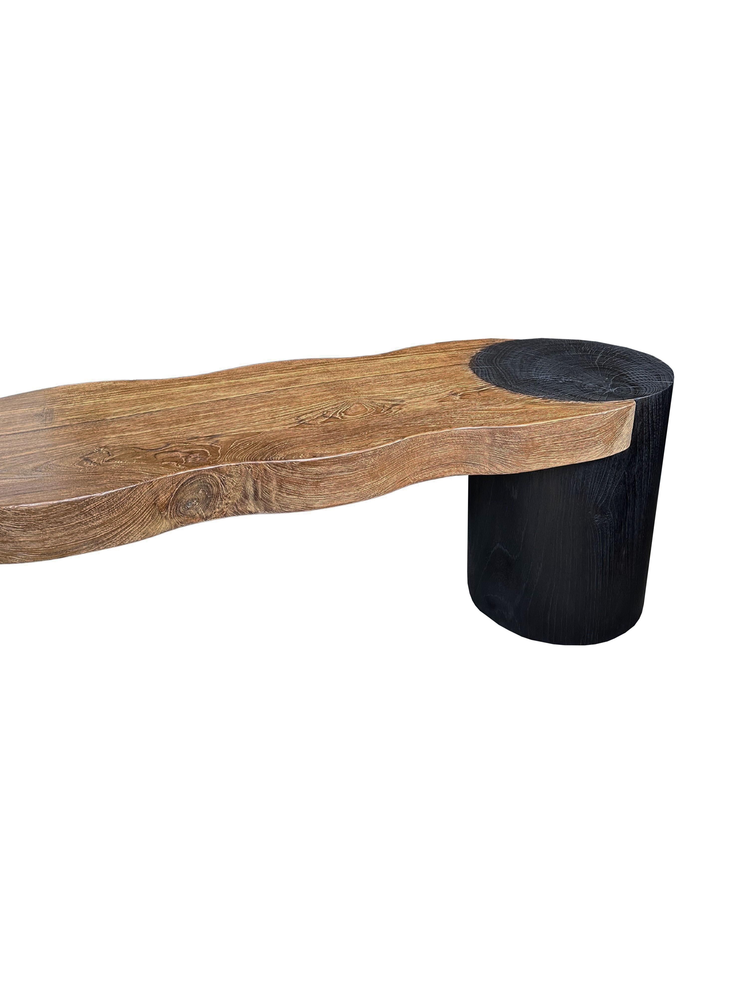 Contemporary Sculptural Teak Wood Bench, Modern Organic, Burnt & Natural Finish For Sale