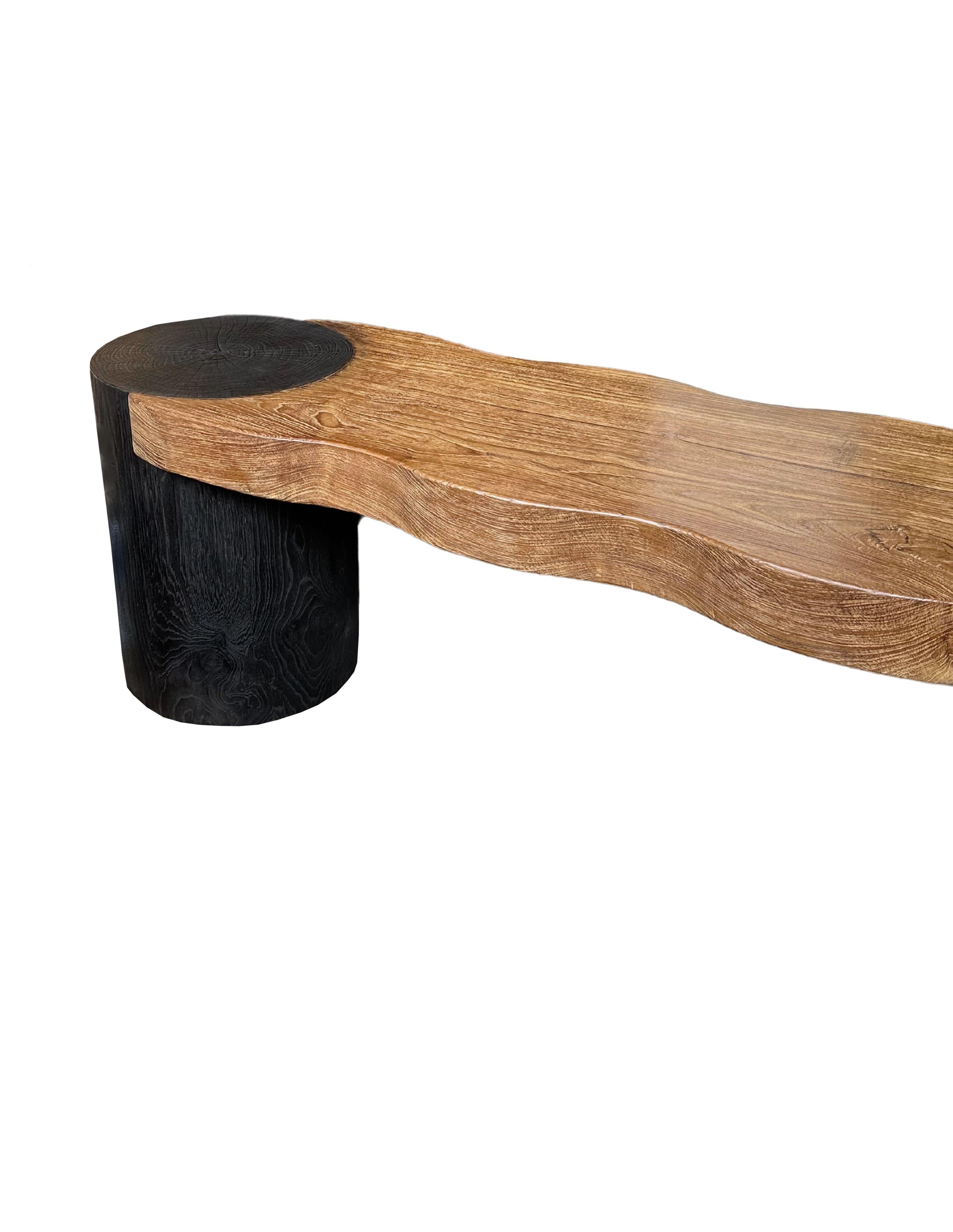 Sculptural Teak Wood Bench, Modern Organic, Burnt & Natural Finish For Sale 2