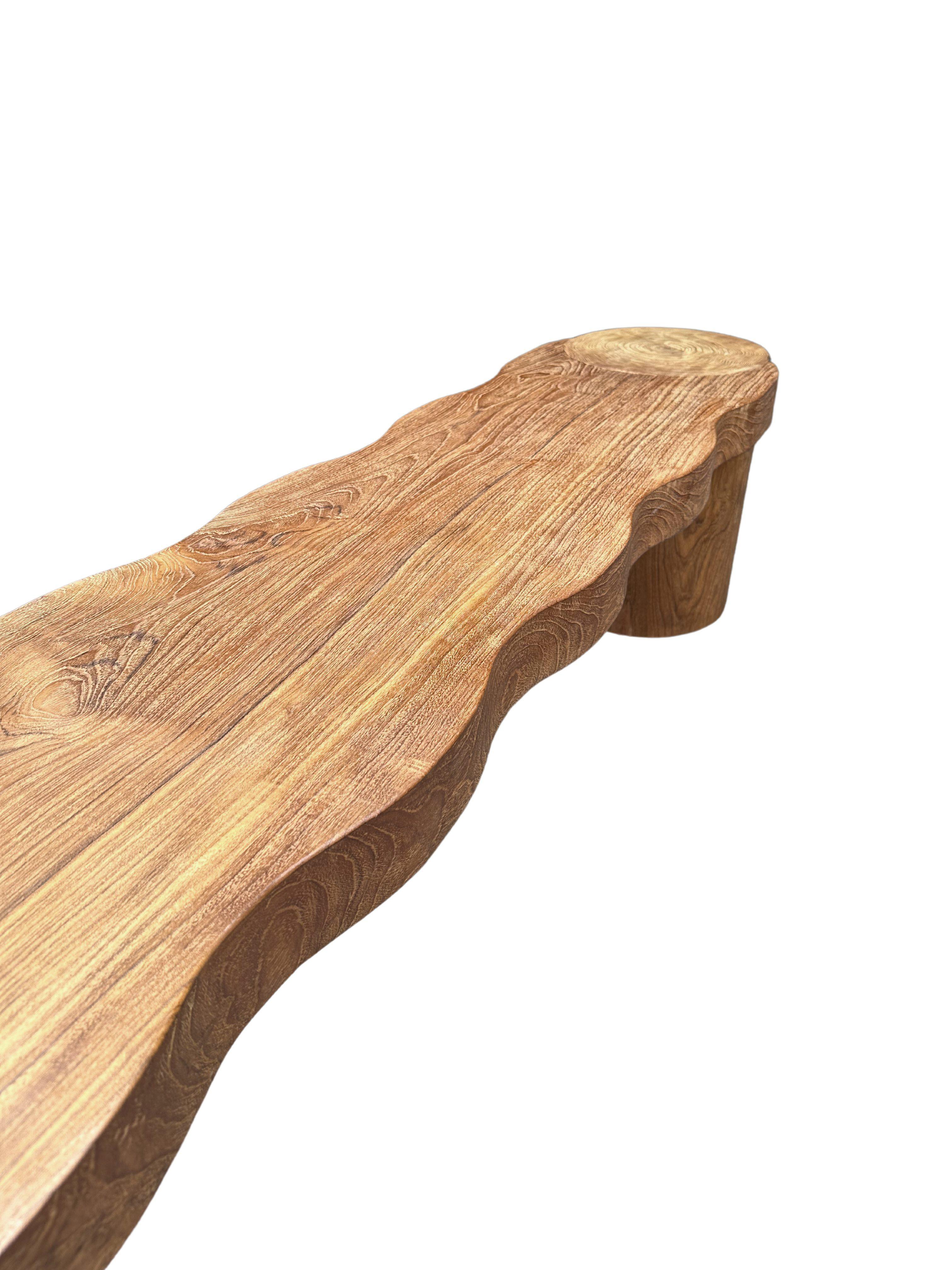 Organic Modern Sculptural Teak Wood Bench, Modern Organic, Cylindrical Legs For Sale