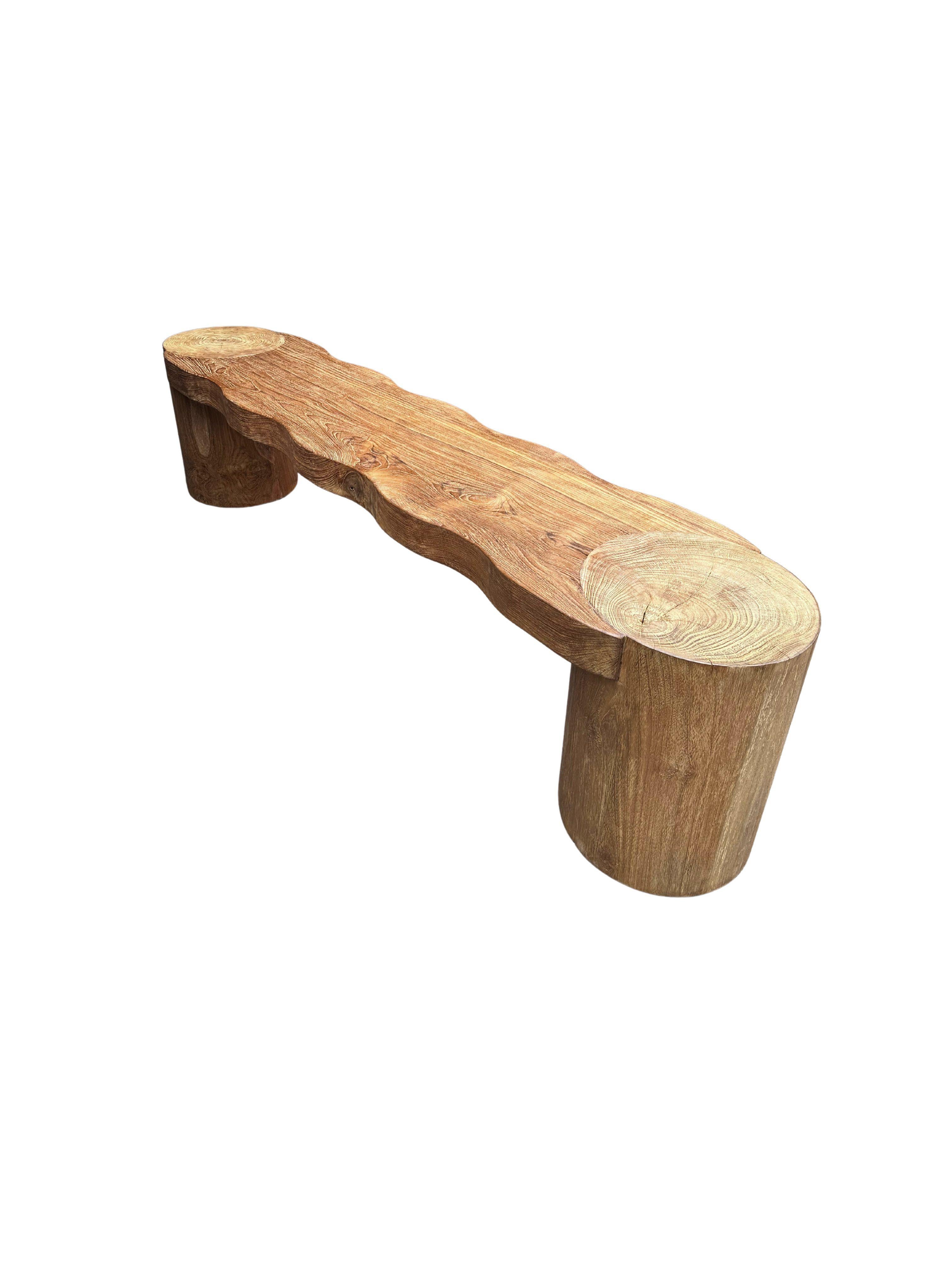 Sculptural Teak Wood Bench, Modern Organic, Cylindrical Legs In New Condition For Sale In Jimbaran, Bali