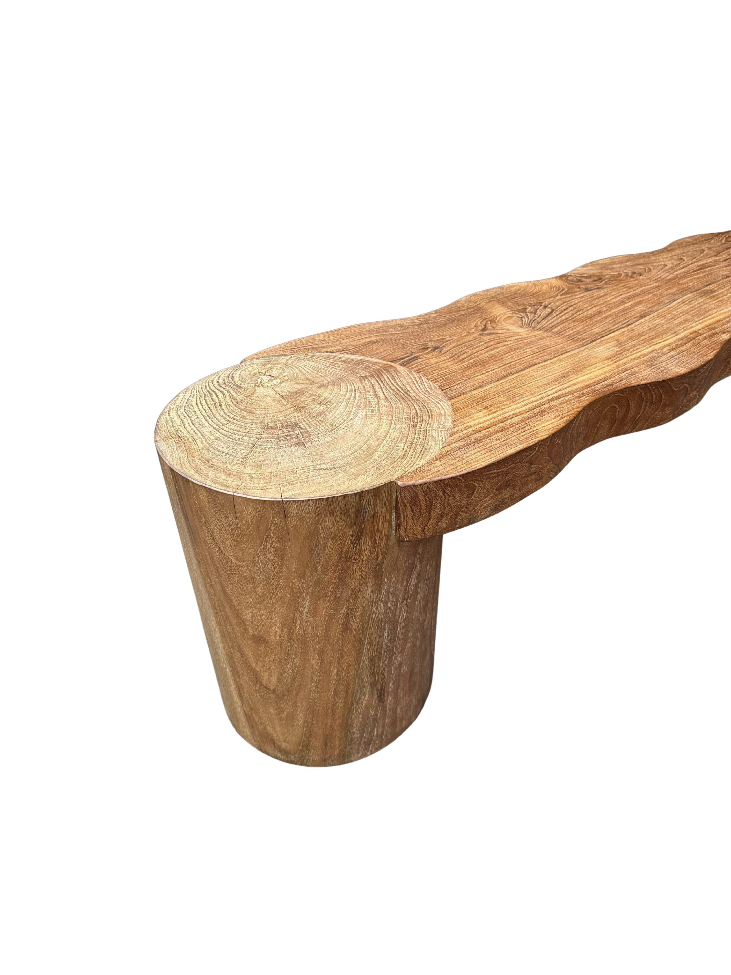 Contemporary Sculptural Teak Wood Bench, Modern Organic, Cylindrical Legs For Sale