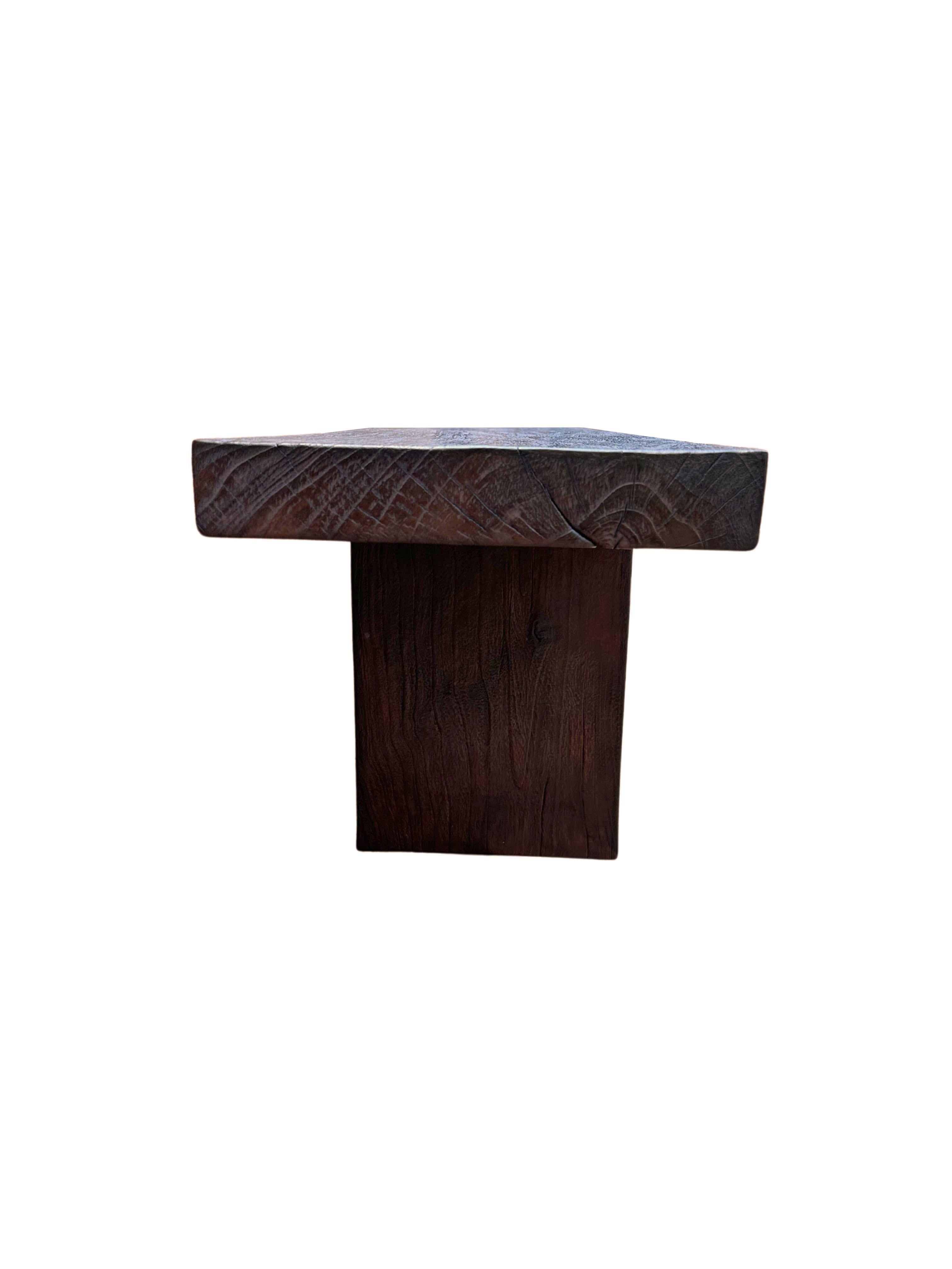 Hand-Carved Sculptural Teak Wood Bench Modern Organic, Stunning Textures, Espresso Finish For Sale