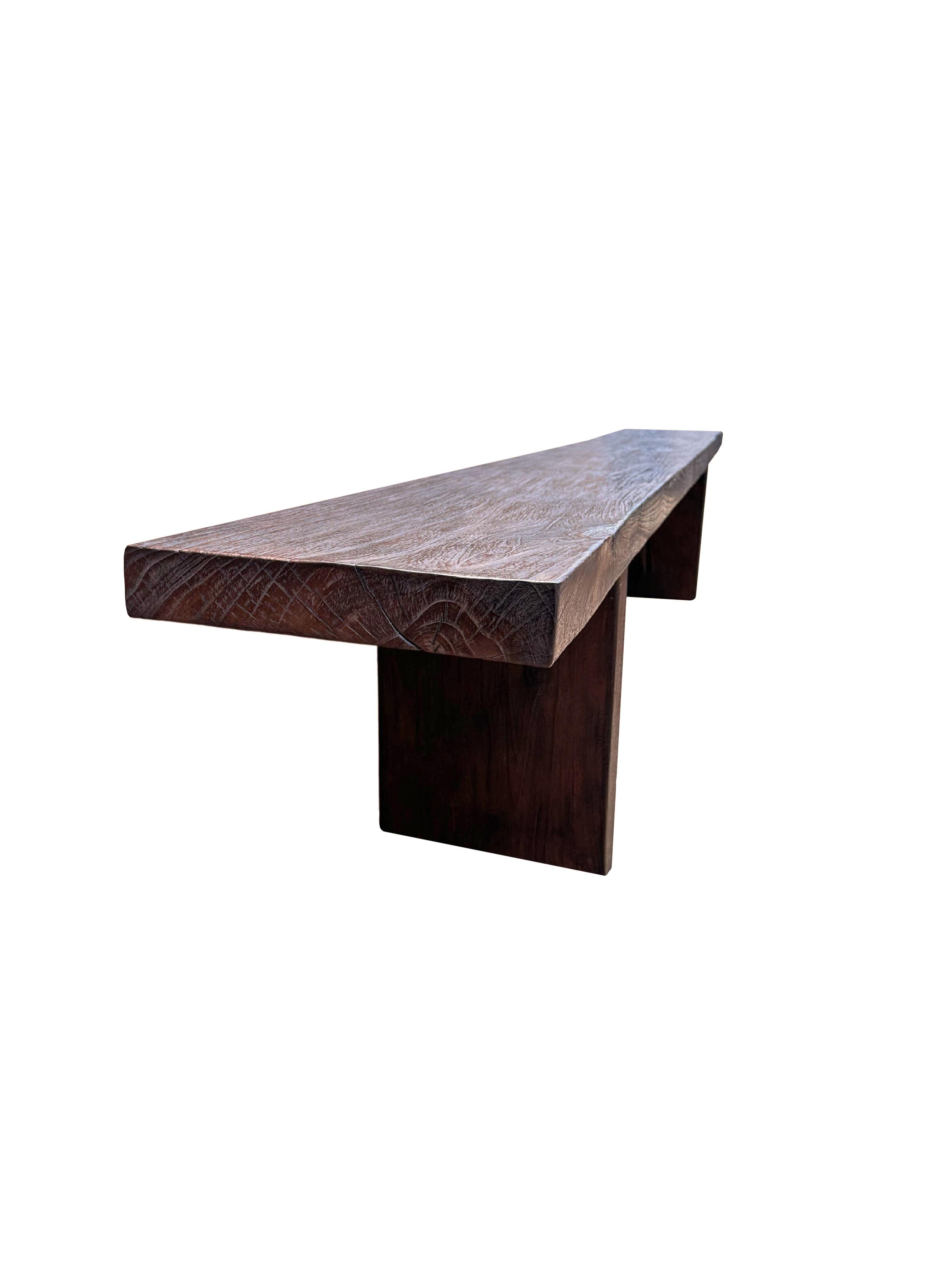 Sculptural Teak Wood Bench Modern Organic, Stunning Textures, Espresso Finish For Sale 1