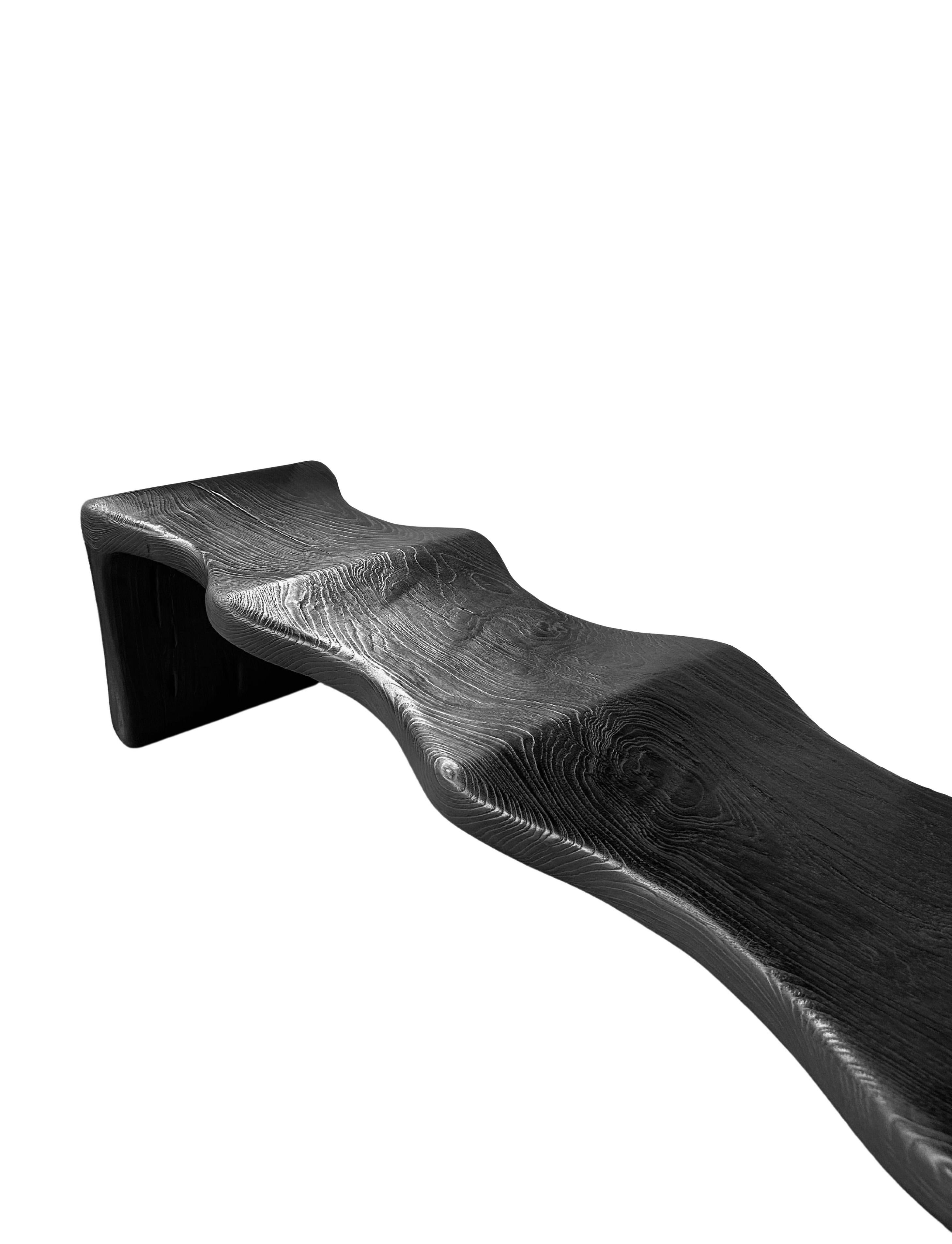Organic Modern Sculptural Teak Wood Bench, Modern Organic, Stunning Wood Textures, Burnt Finish For Sale