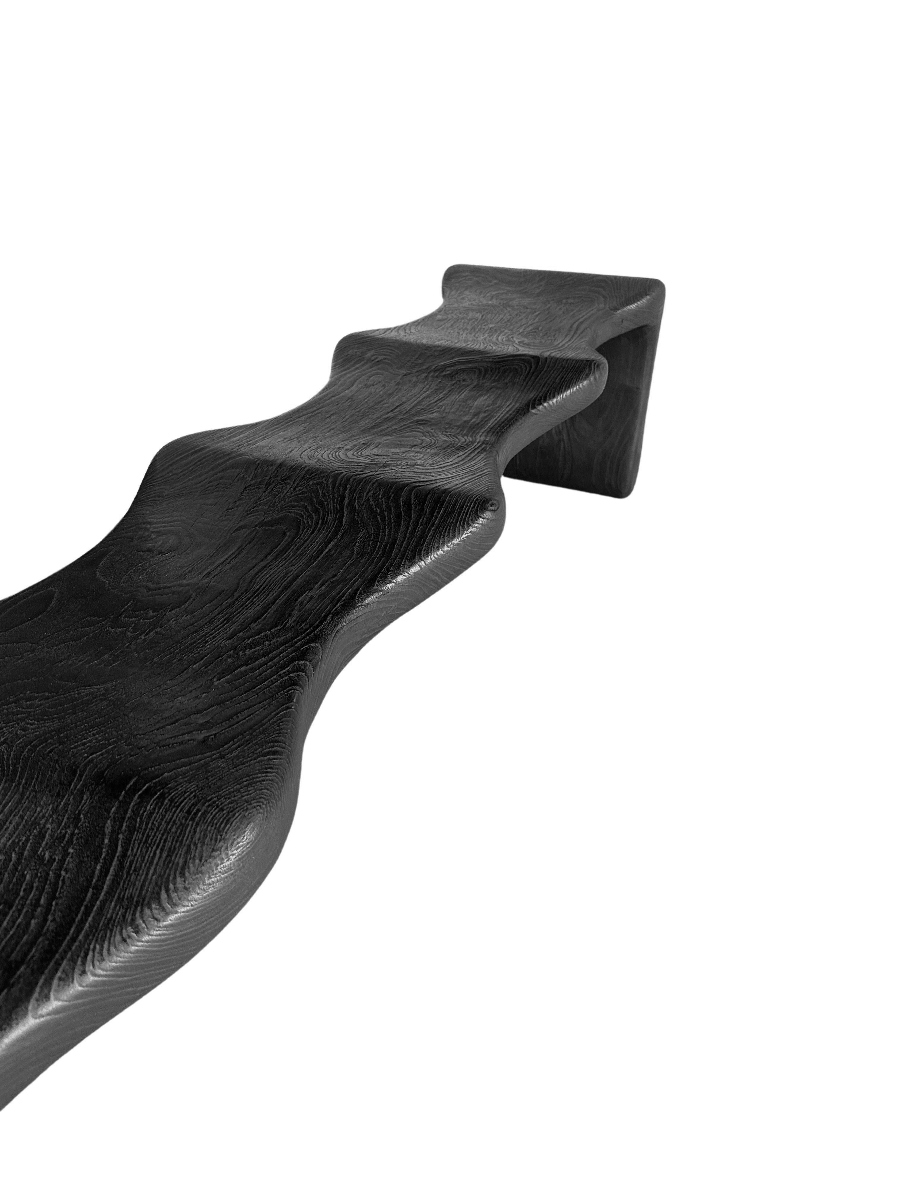 Indonesian Sculptural Teak Wood Bench, Modern Organic, Stunning Wood Textures, Burnt Finish For Sale