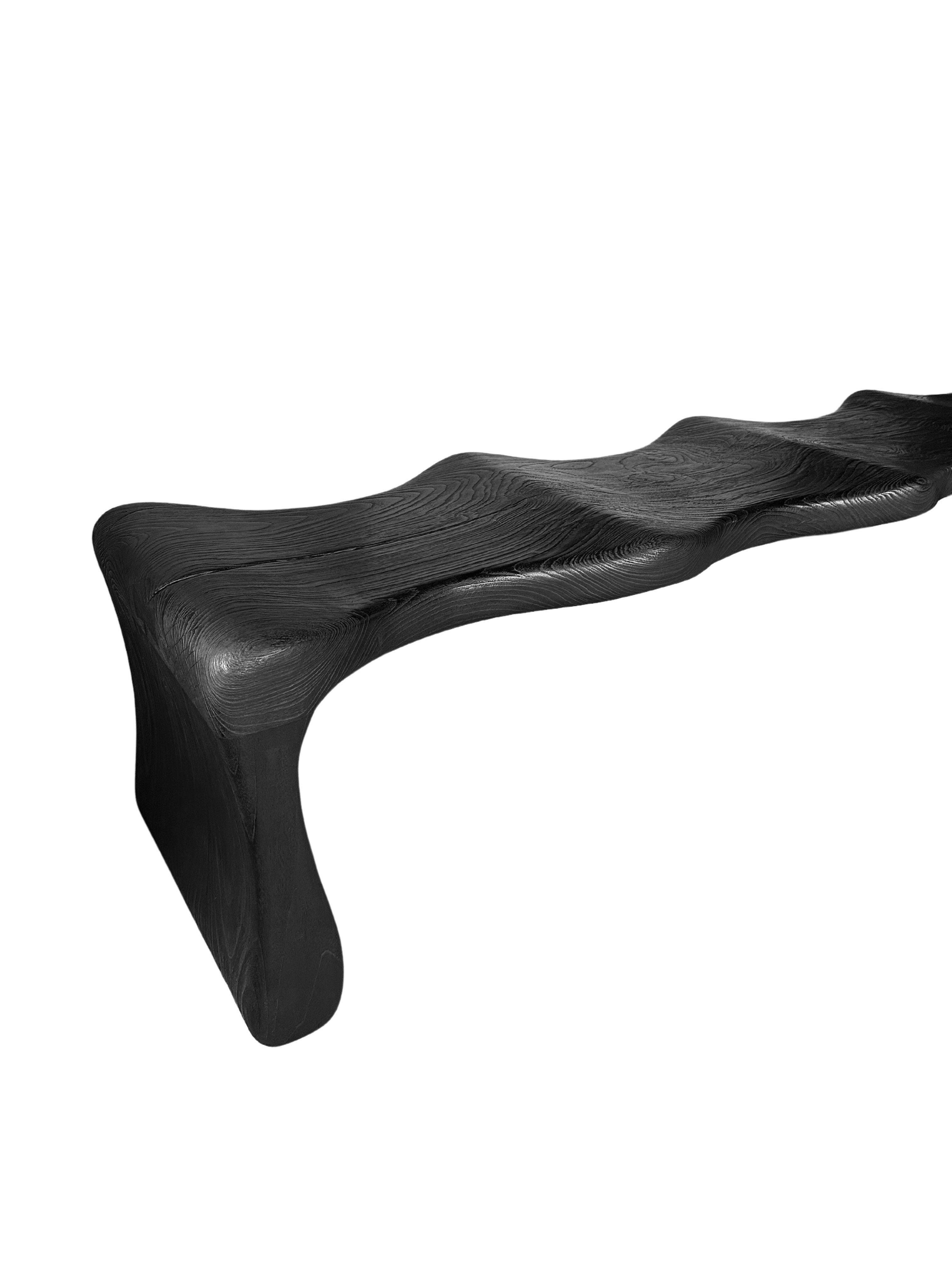 Sculptural Teak Wood Bench, Modern Organic, Stunning Wood Textures, Burnt Finish For Sale 1