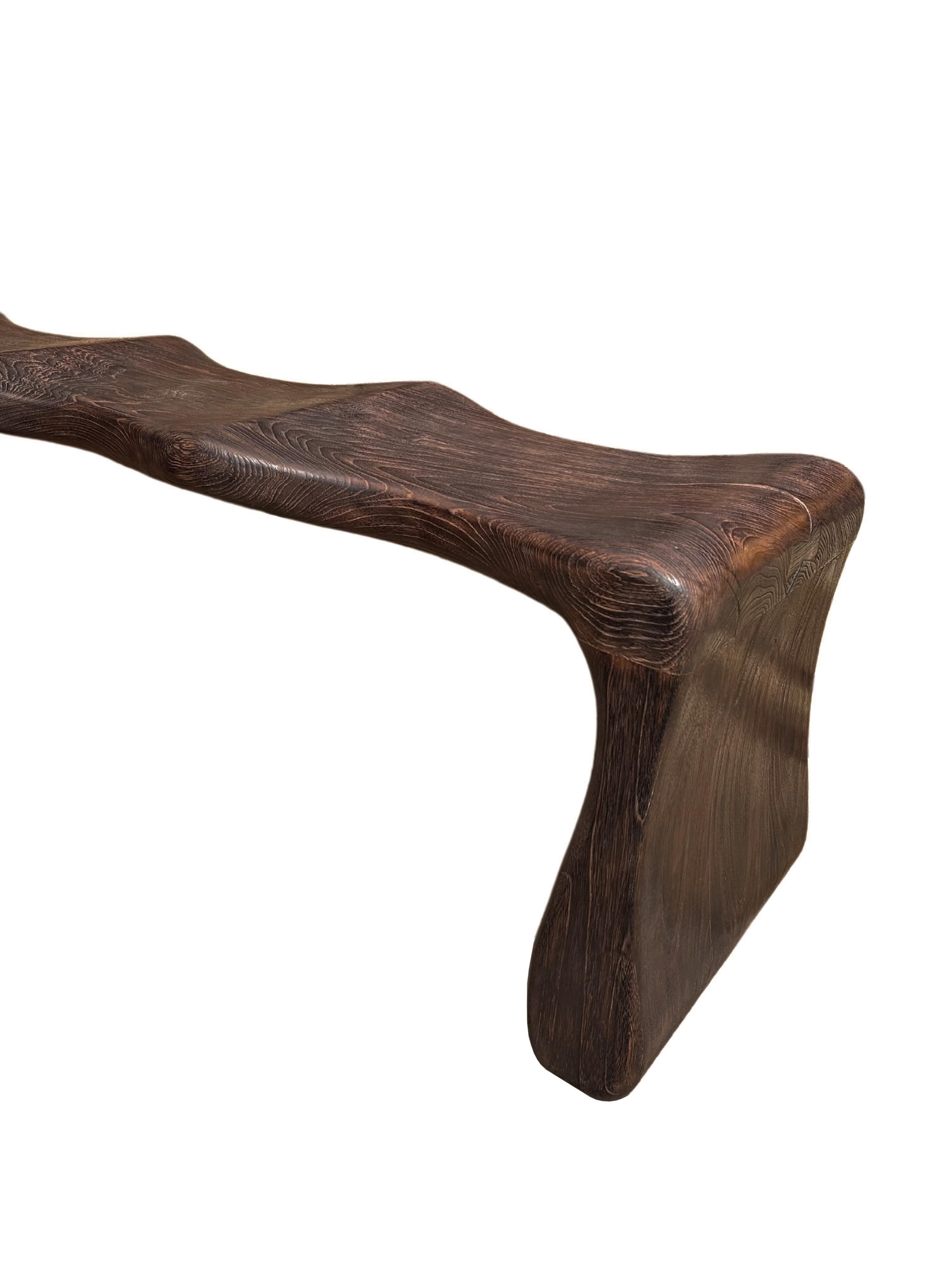 Organic Modern Sculptural Teak Wood Bench, Modern Organic, Stunning Wood Textures, Dark Brown For Sale