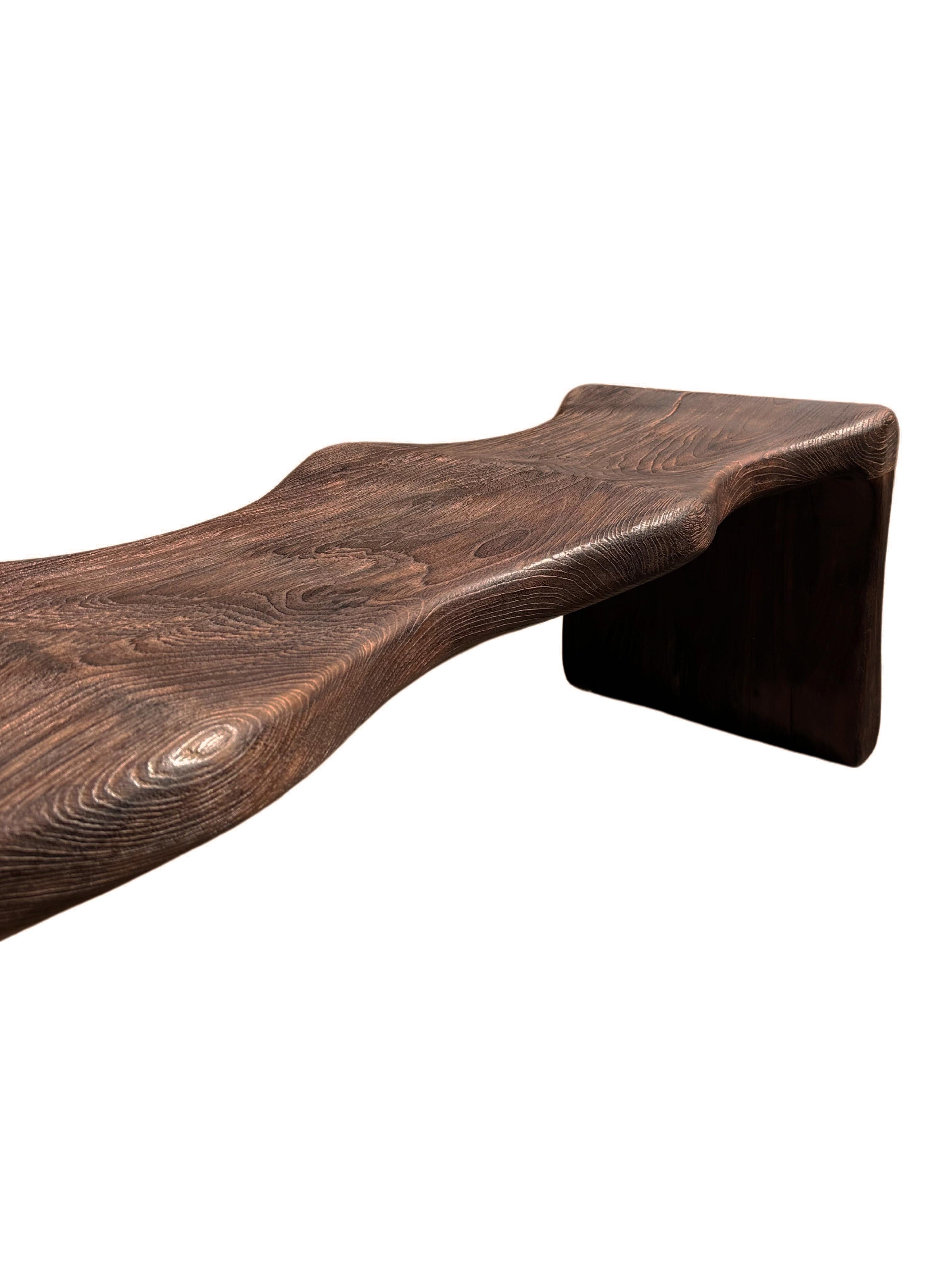 Indonesian Sculptural Teak Wood Bench, Modern Organic, Stunning Wood Textures, Dark Brown For Sale