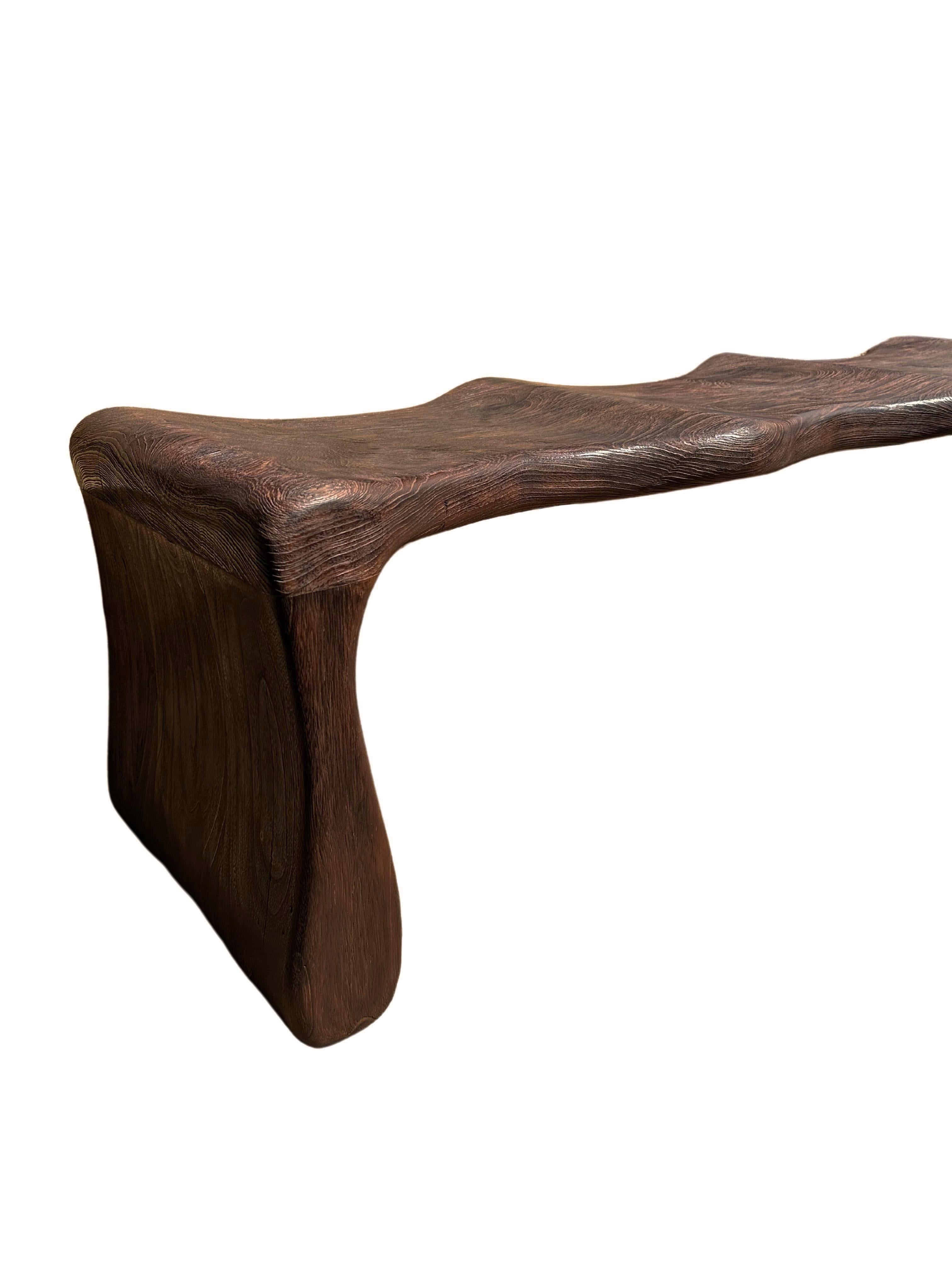 Contemporary Sculptural Teak Wood Bench, Modern Organic, Stunning Wood Textures, Dark Brown For Sale