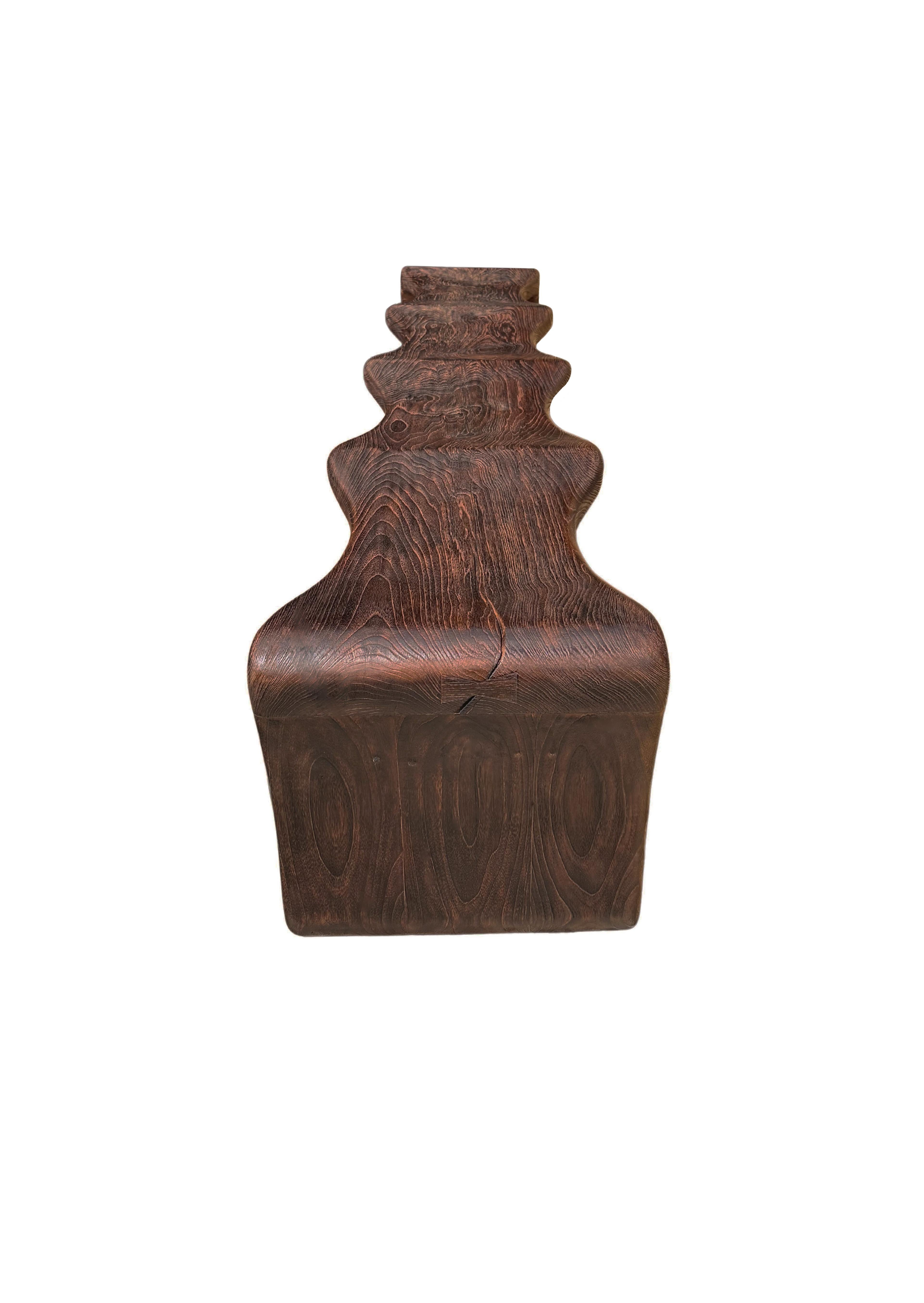 Sculptural Teak Wood Bench, Modern Organic, Stunning Wood Textures, Dark Brown For Sale 1