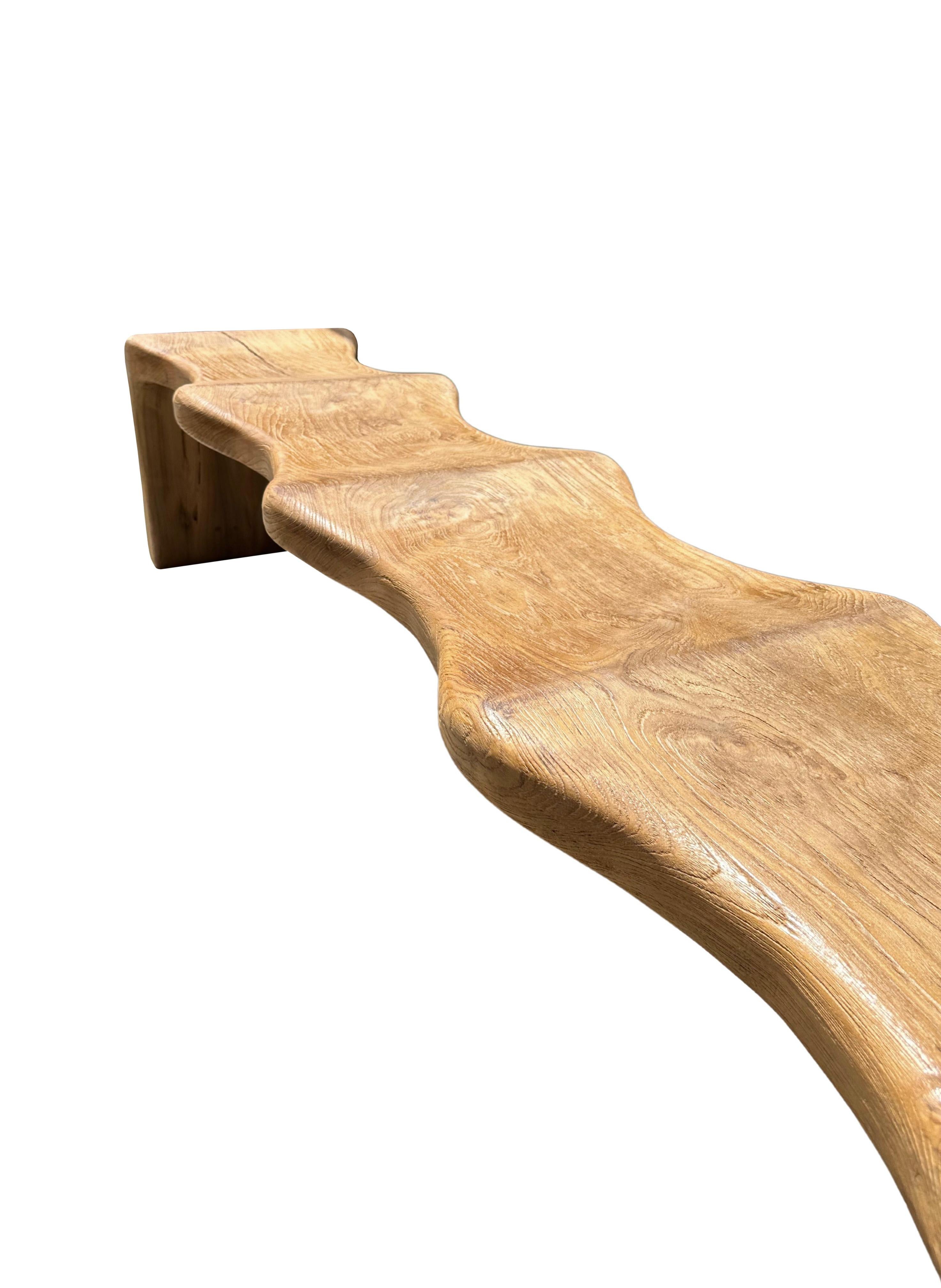 Indonesian Sculptural Teak Wood Bench, Modern Organic, Stunning Wood Textures For Sale