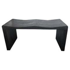 Sculptural Teak Wood Bench with Burnt Finish Modern Organic 2 Person