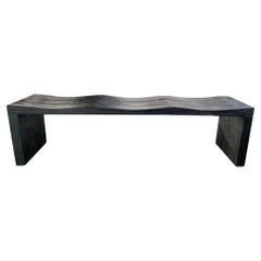 Sculptural Teak Wood Bench with Burnt Finish Modern Organic 3 Person 