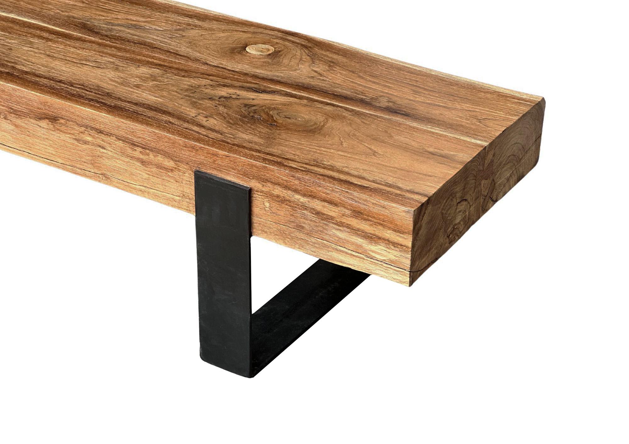Hand-Carved Sculptural Teak Wood Bench with Steel legs, Modern Organic For Sale