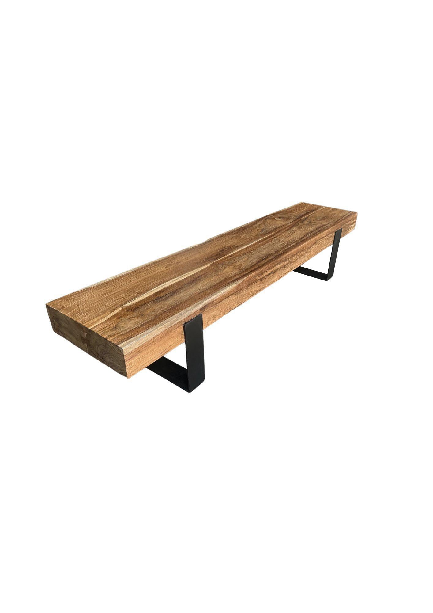 Contemporary Sculptural Teak Wood Bench with Steel legs, Modern Organic For Sale