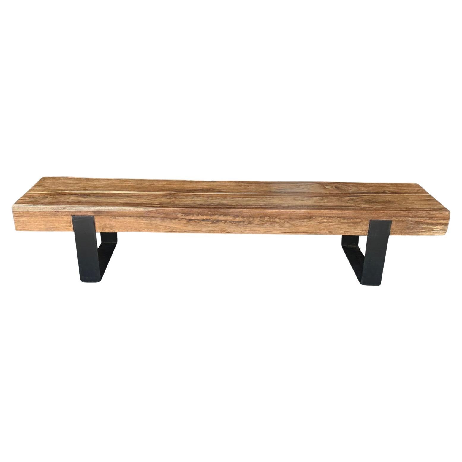 Sculptural Teak Wood Bench with Steel legs, Modern Organic