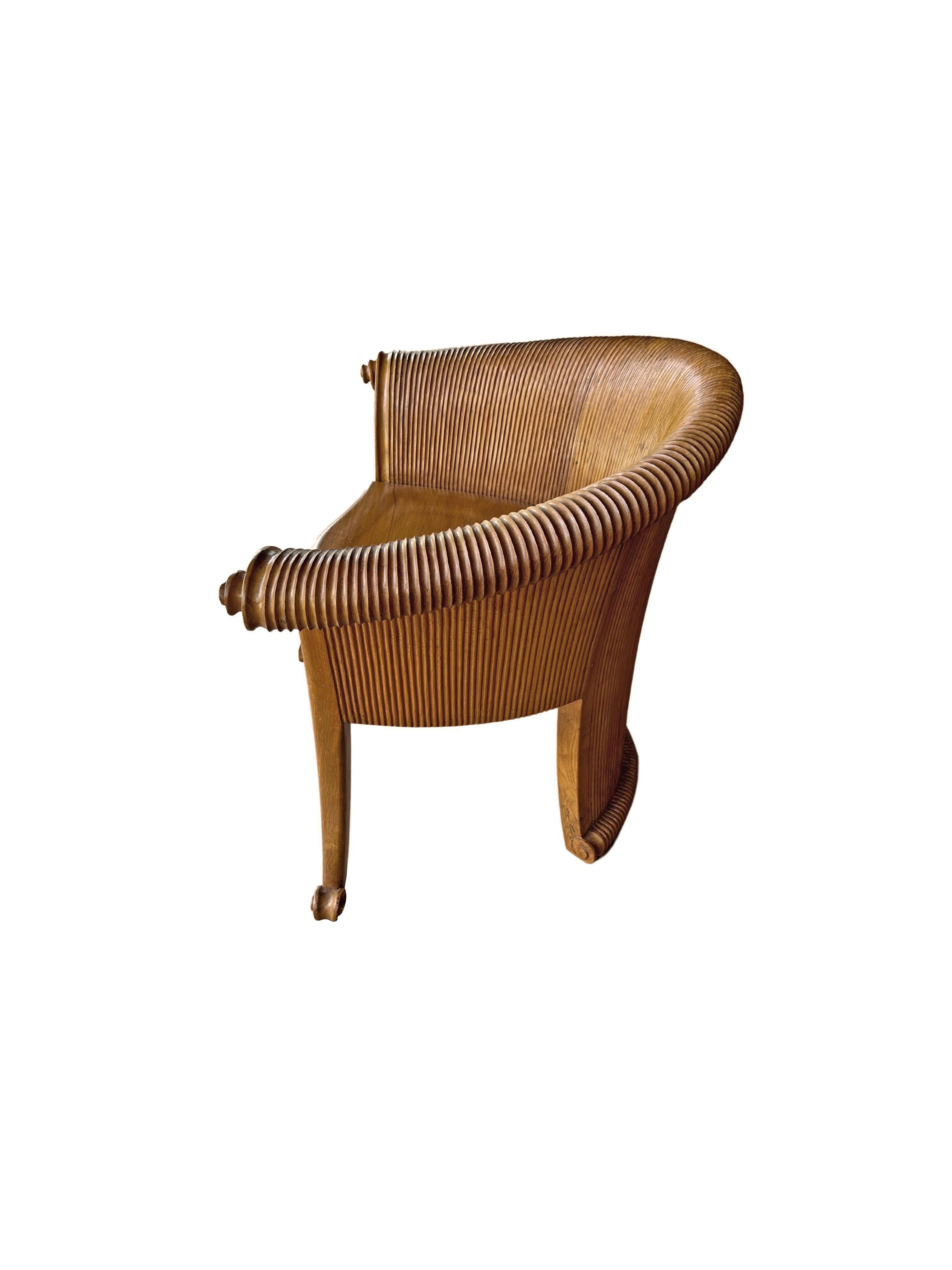 Hand-Crafted Sculptural Teak Wood Chair with Carved Detailing For Sale