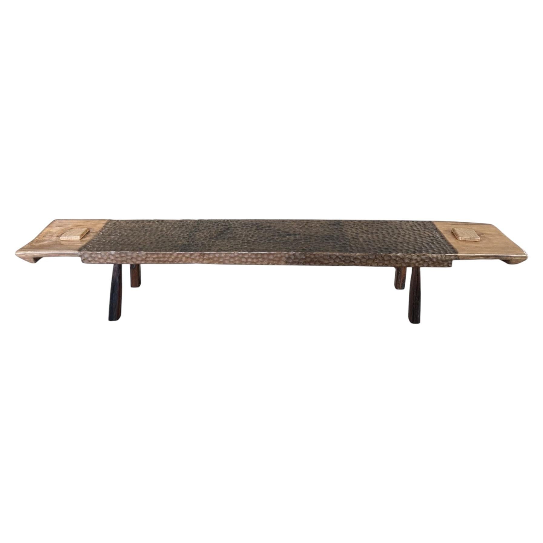 Sculptural Teak Wood Long Bench Stunning Wood Textures, Modern Organic