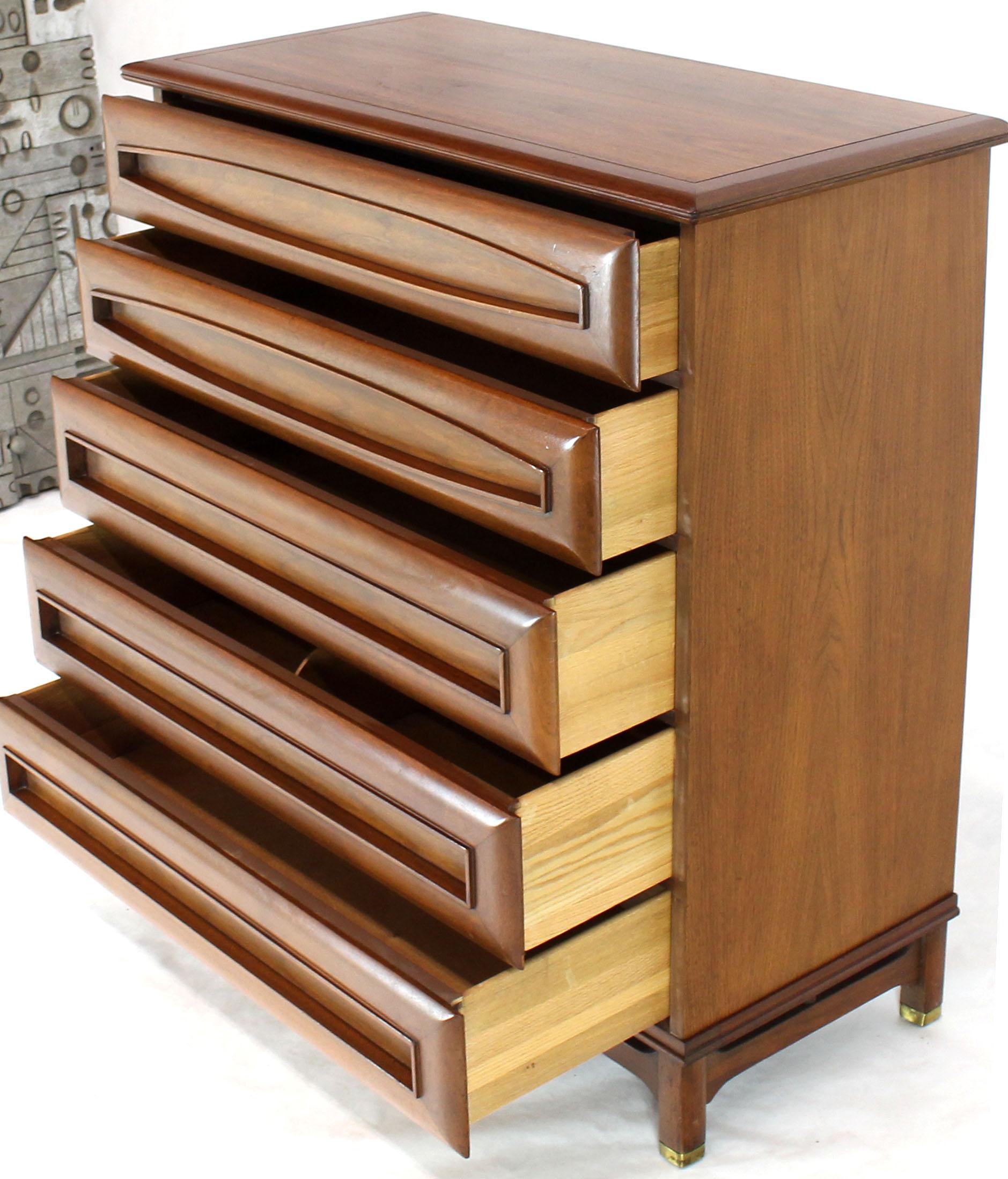 Mid-Century Modern thick solid walnut sculptural design panels high chest dresser.