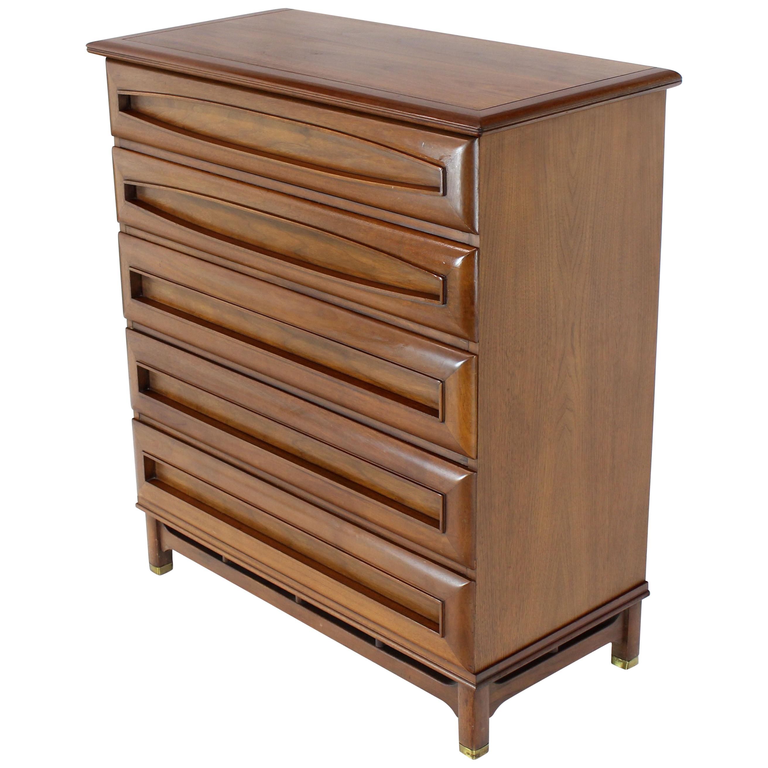 Sculptural Thick Carved Solid Walnut Panels Design 5-Drawer High Chest Dresser For Sale