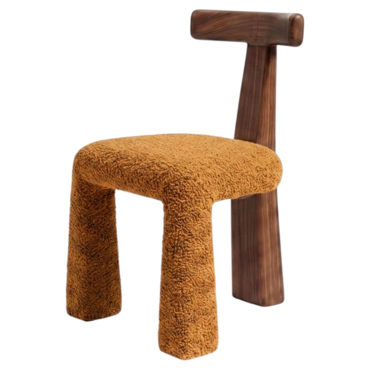 Sculptural Three-Legged T-Back Dining Chair in Satin Walnut and Woolly Bouclé For Sale