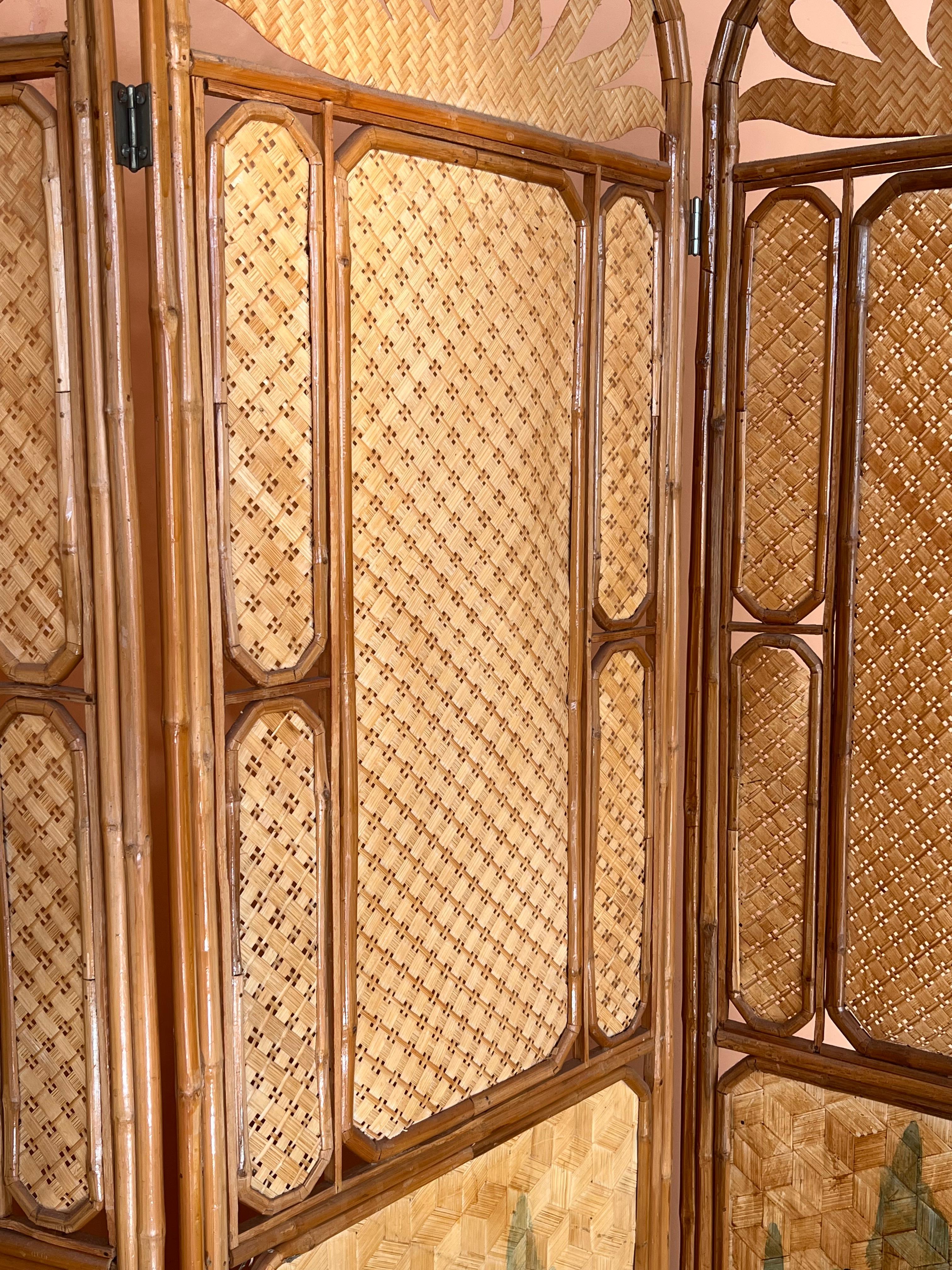 Sculptural Three-Panel Folding Screen Room Divider in Rattan and Wicker, 1960s For Sale 1