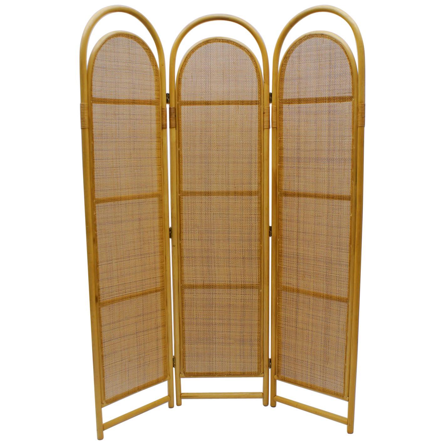Sculptural Three-Panel Folding Screen Room Divider in Rattan and Wicker, 1960s