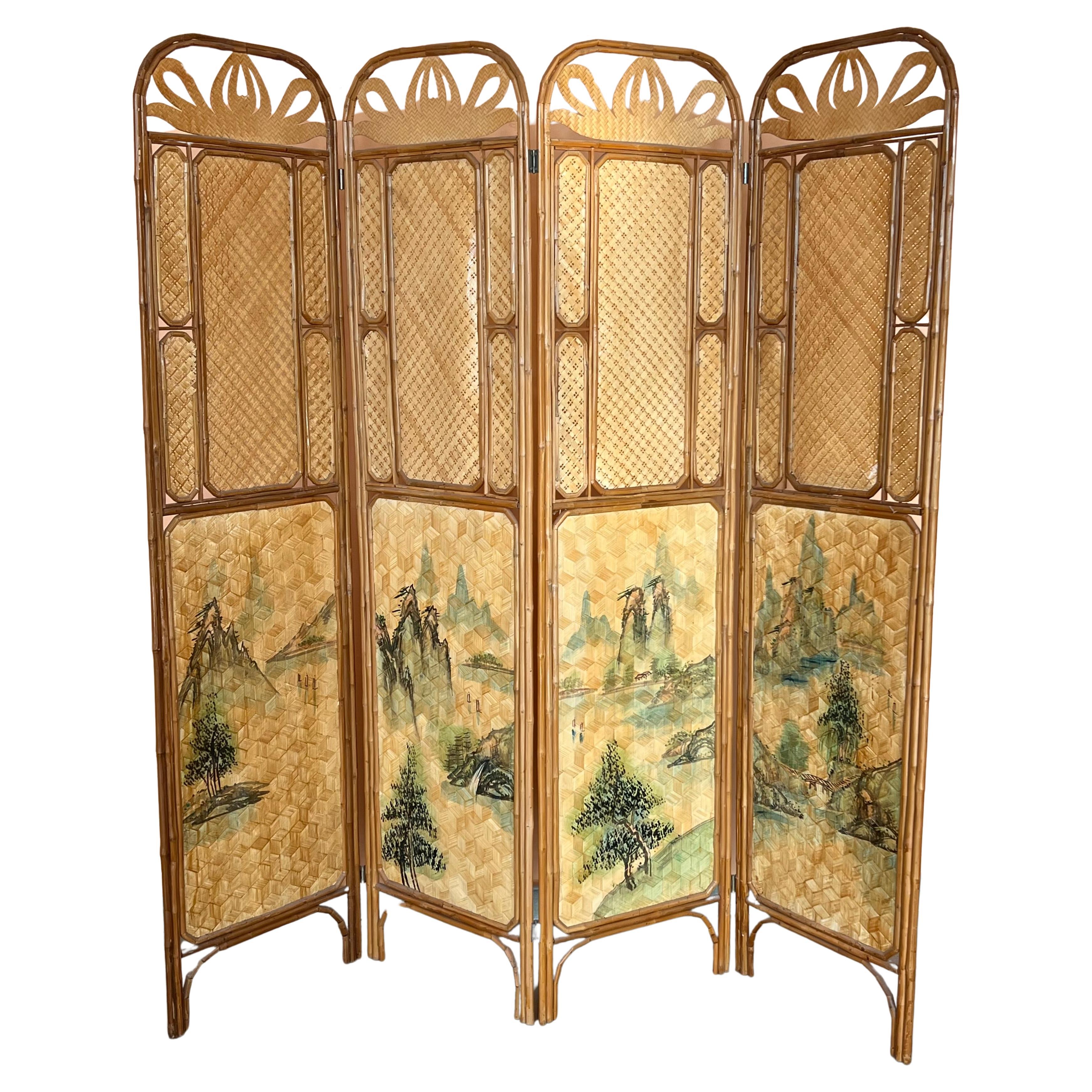 Sculptural Three-Panel Folding Screen Room Divider in Rattan and Wicker, 1960s For Sale