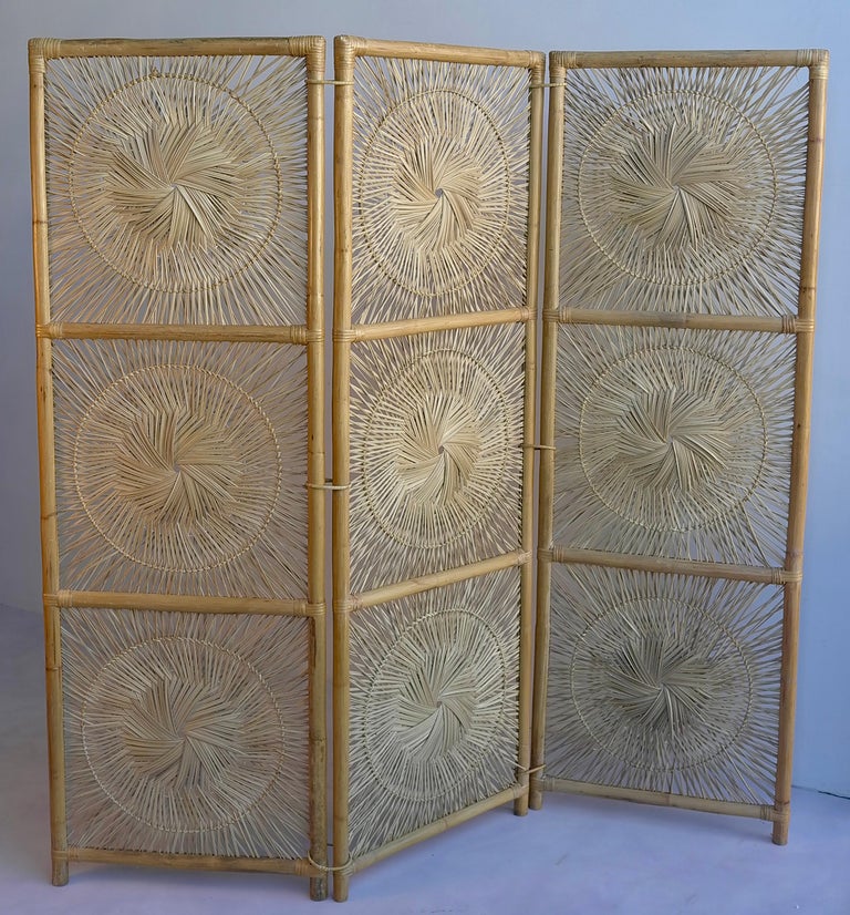 Sculptural three-panel midcentury bamboo screen room divider.