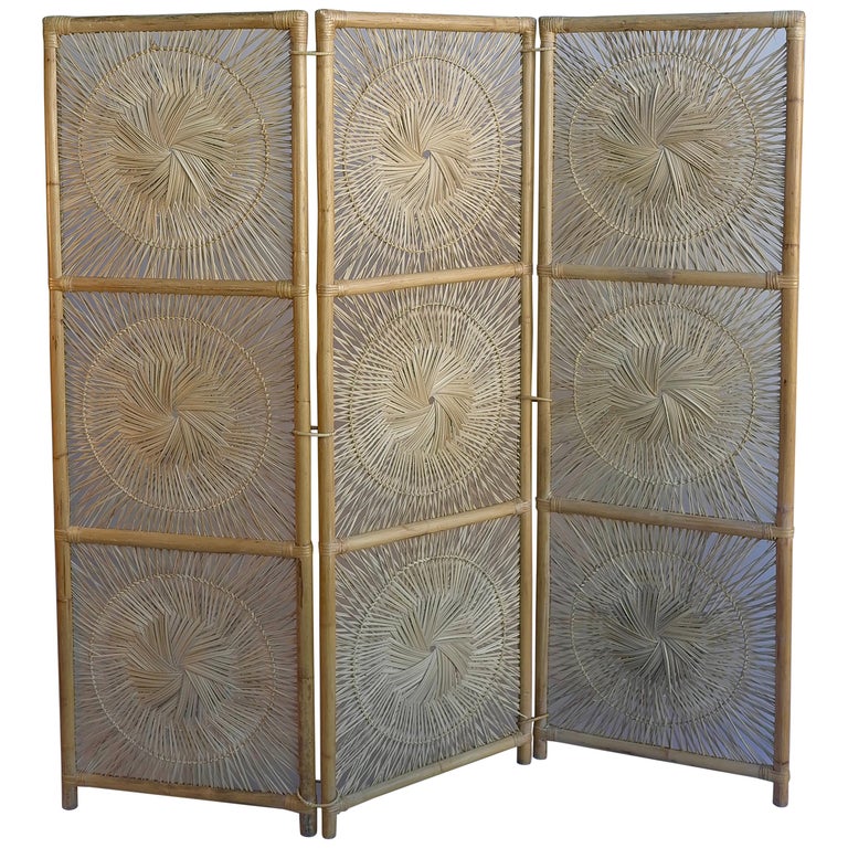 Sculptural Three-Panel Midcentury Bamboo Screen Room Divider For Sale