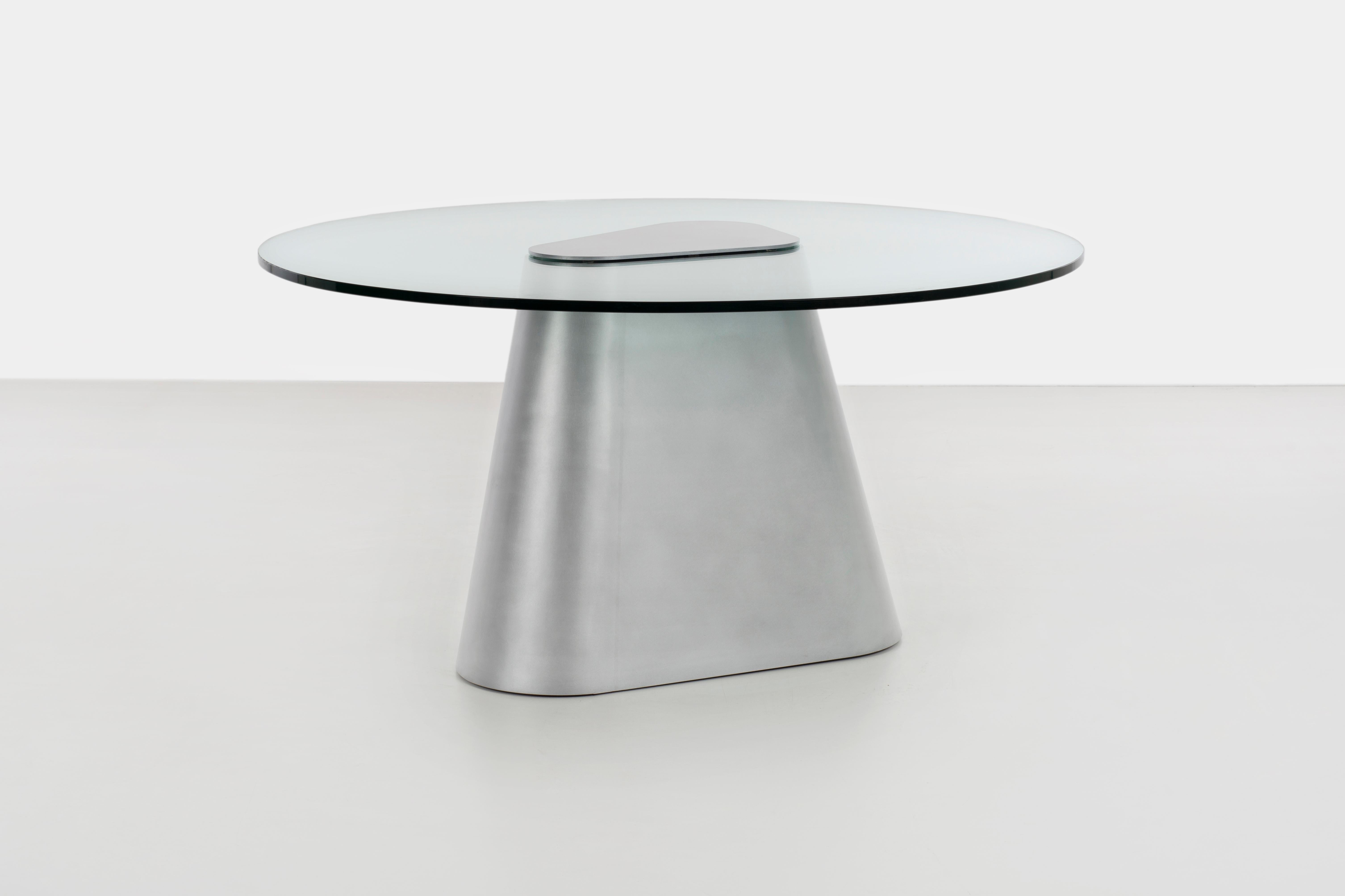 Contemporary Sculptural TM Dining Entry Table in Waxed Aluminum and Glass by Jonathan Nesci For Sale