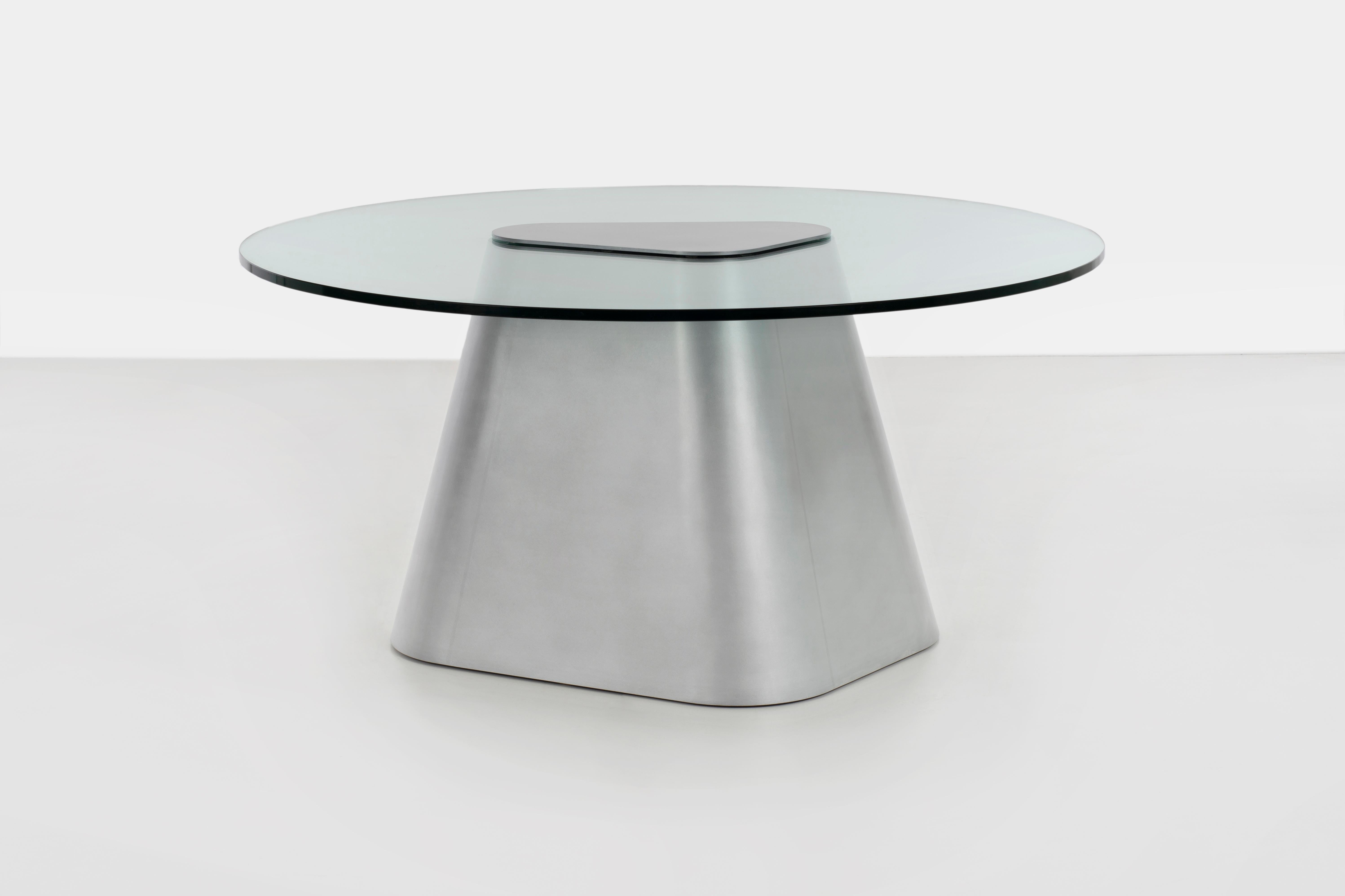 American Sculptural TM Dining Entry Table in Waxed Aluminum and Glass by Jonathan Nesci For Sale