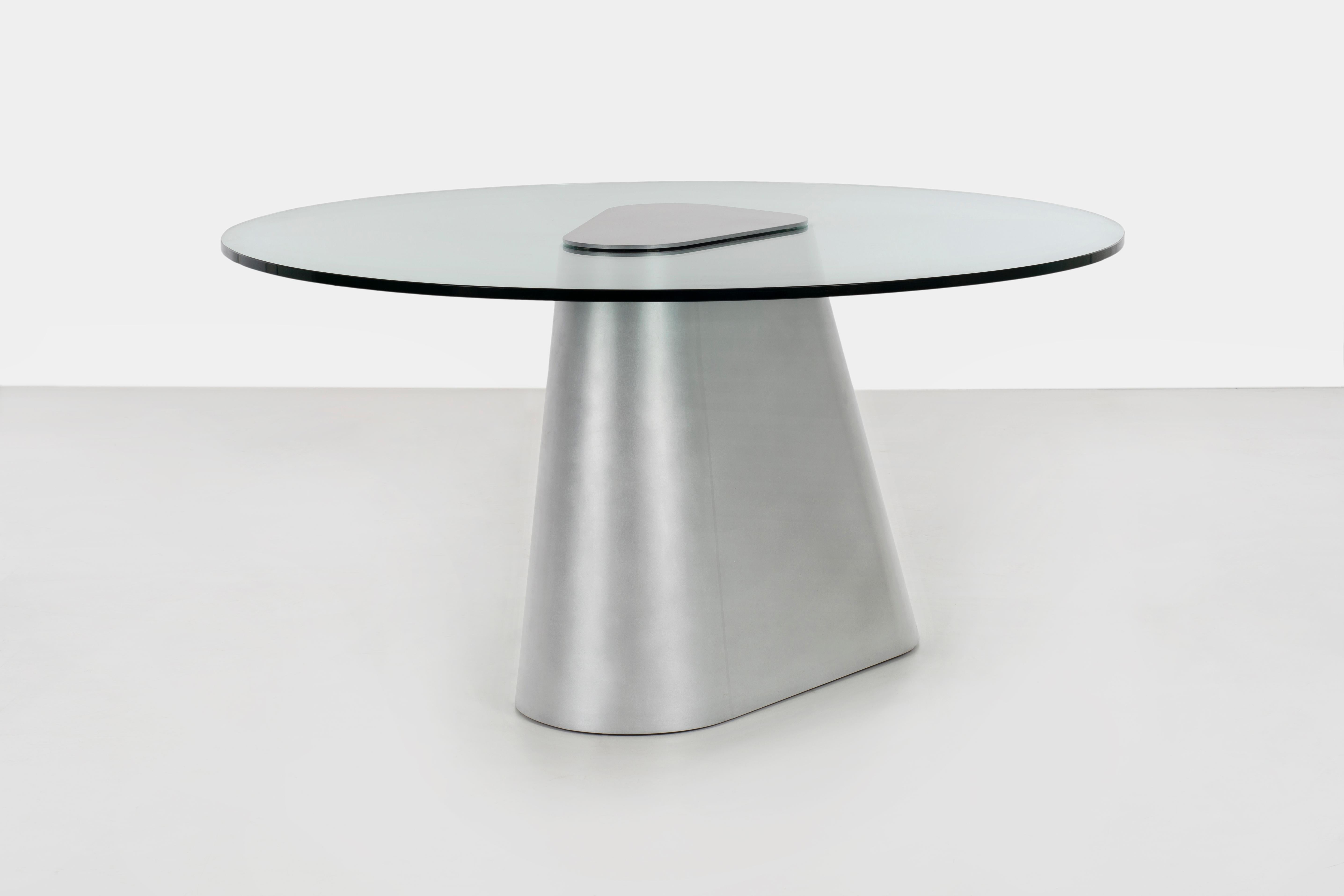 Burnished Sculptural TM Dining Entry Table in Waxed Aluminum and Glass by Jonathan Nesci For Sale