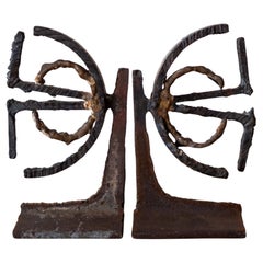 Sculptural Torch Cut Steel Brutalist Bookends 1970s