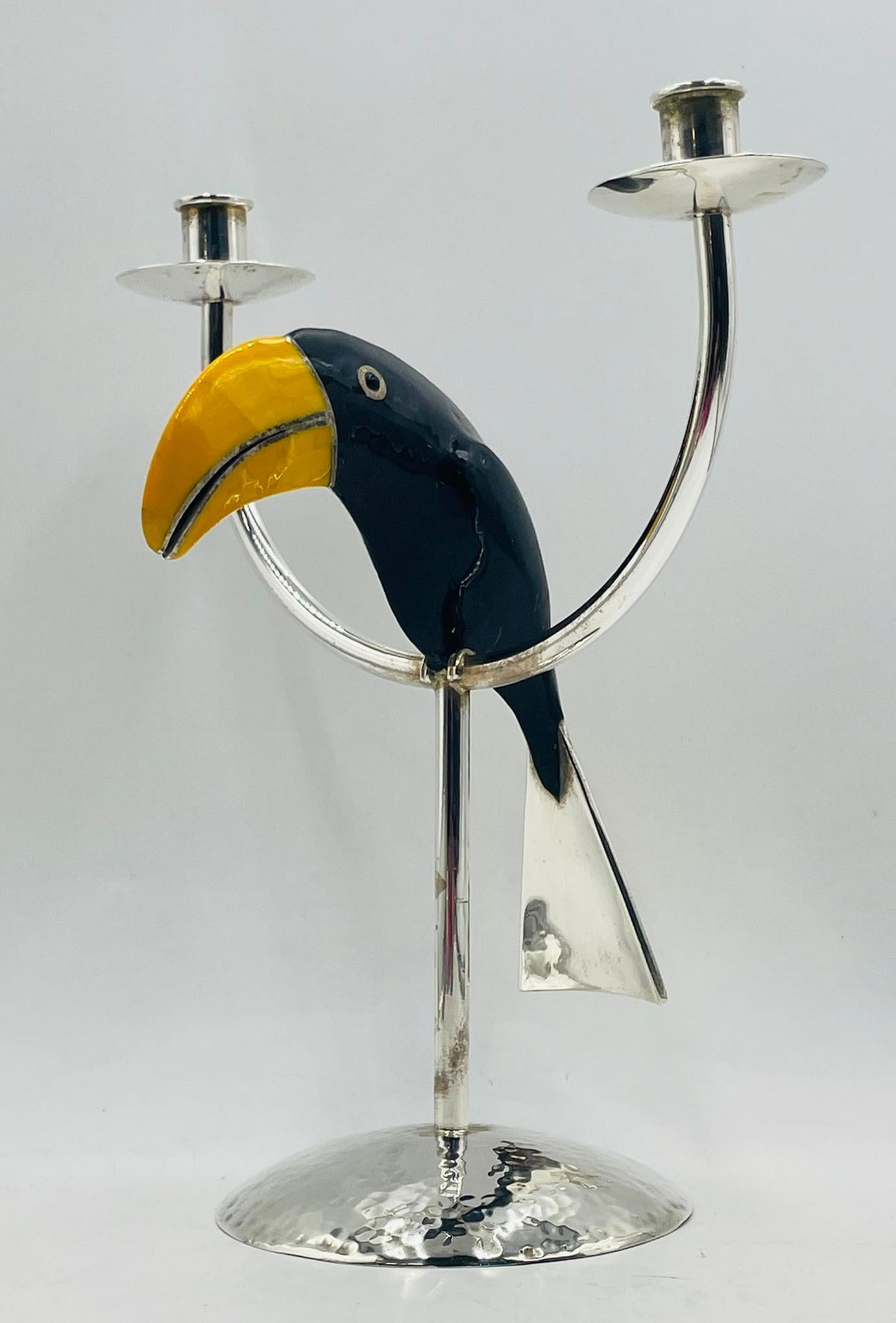 Late 20th Century Sculptural Toucan Silver Plate Candle Holder, Style of Emilia Castillo For Sale