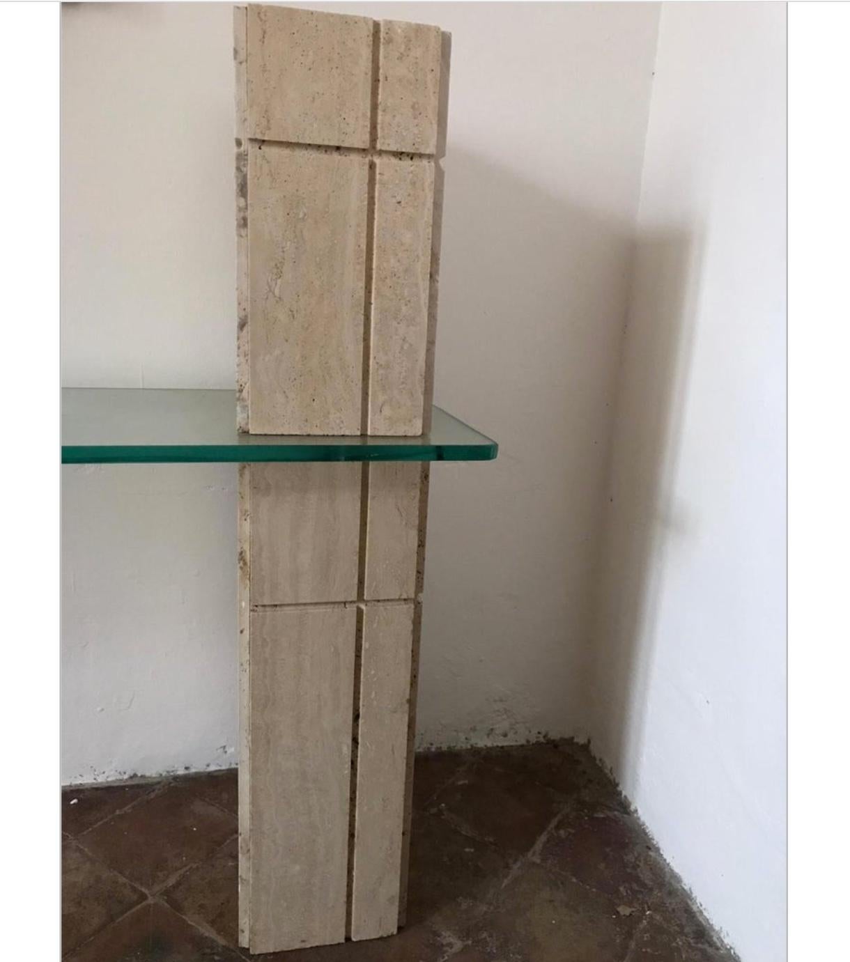 Organic Modern Sculptural Travertine and Brass Console Table For Sale