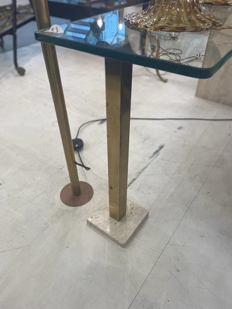 Mid-20th Century Sculptural Travertine and Brass Console Table For Sale